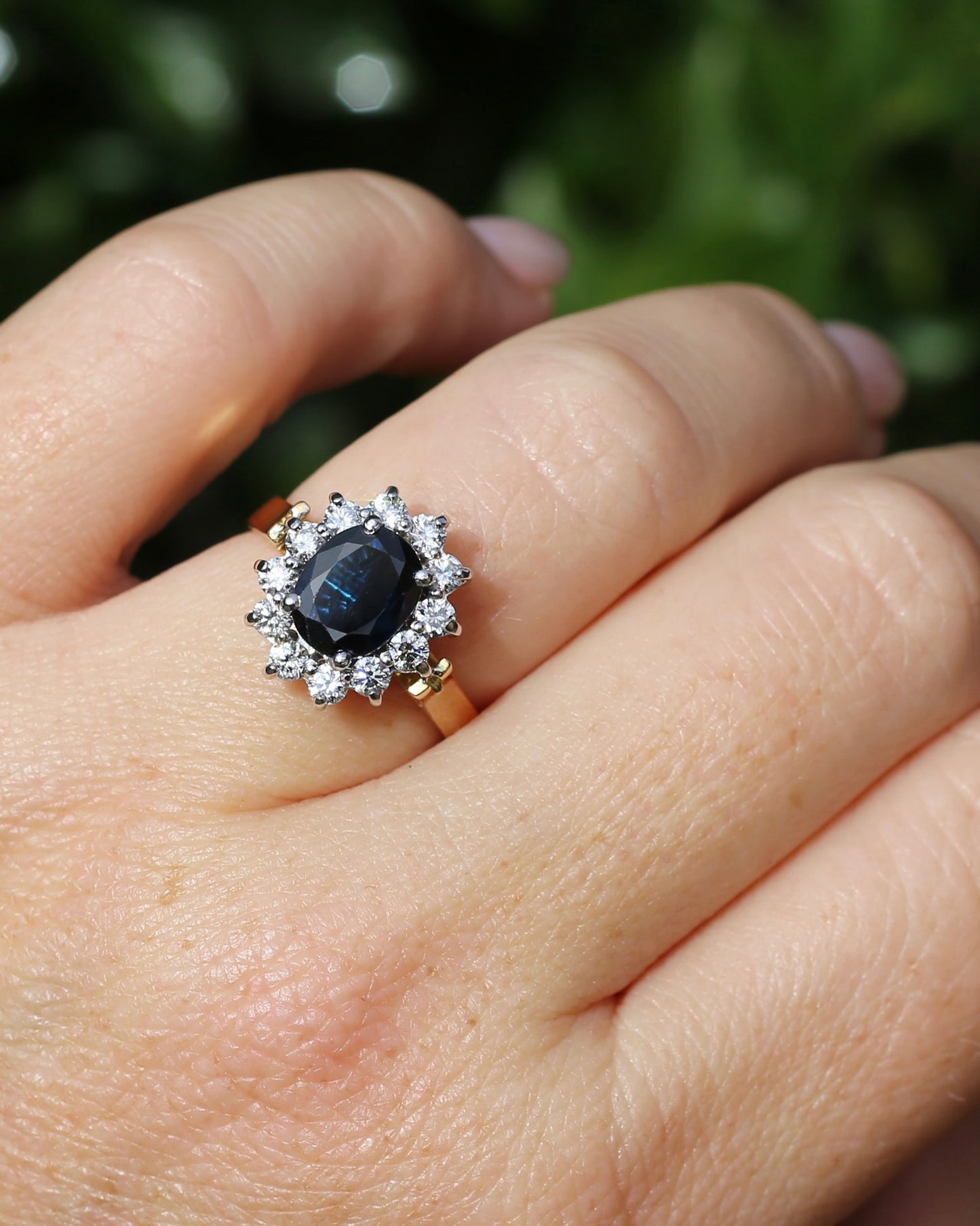 Vintage c1980s Diana Halo, Natural Sapphire and Diamond Halo, 18ct Yellow and White Gold, size P or 7.75 with valuation