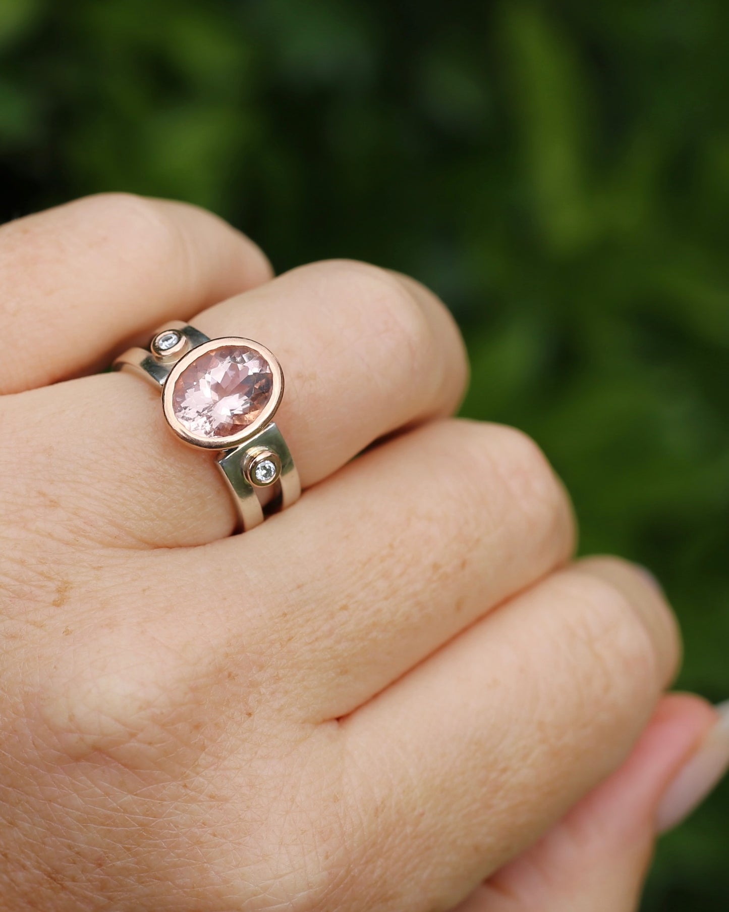 Chunky Bezel Set Morganite and Diamond Ring, 9ct Rose Gold and Silver, size P or 7.5 (fits smaller)