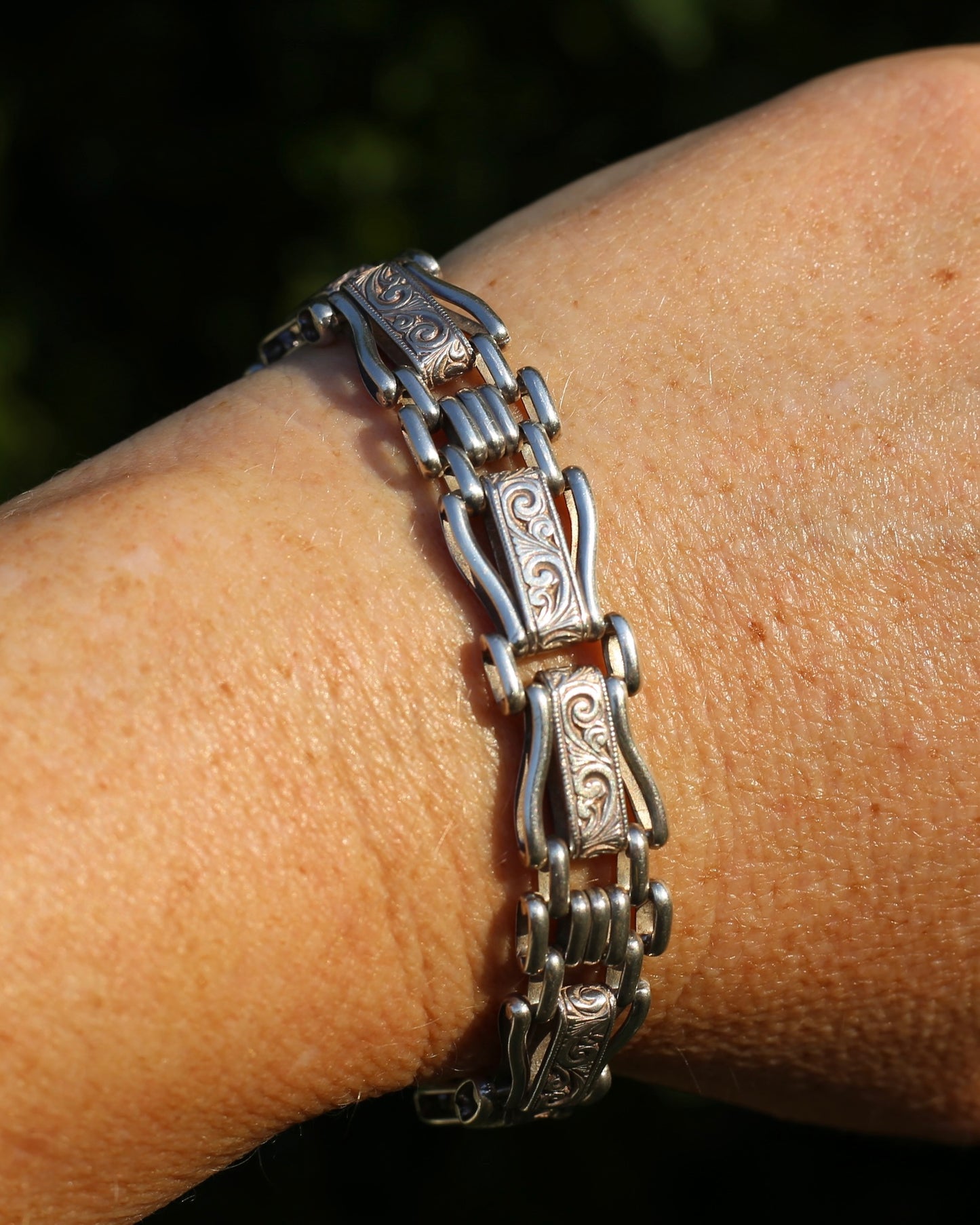 Fancy Link Engraved Bracelet, Sterling Silver, With Italian Bolt Clasp, 24.3g, 19cm