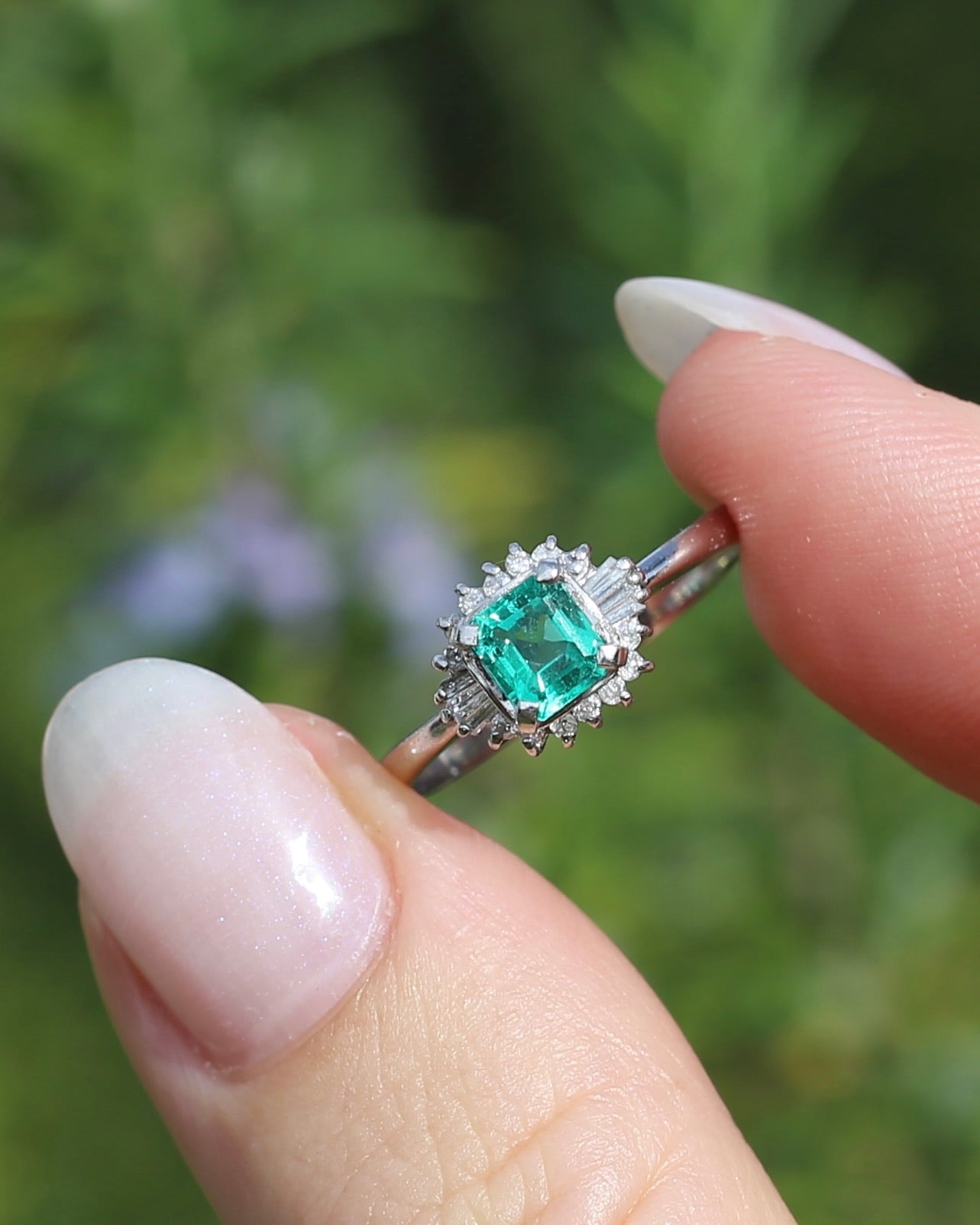 Natural Square Step Cut Emerald and Diamond Baguette Ballerina Skirt, Platinum Ring, size O or 7.25