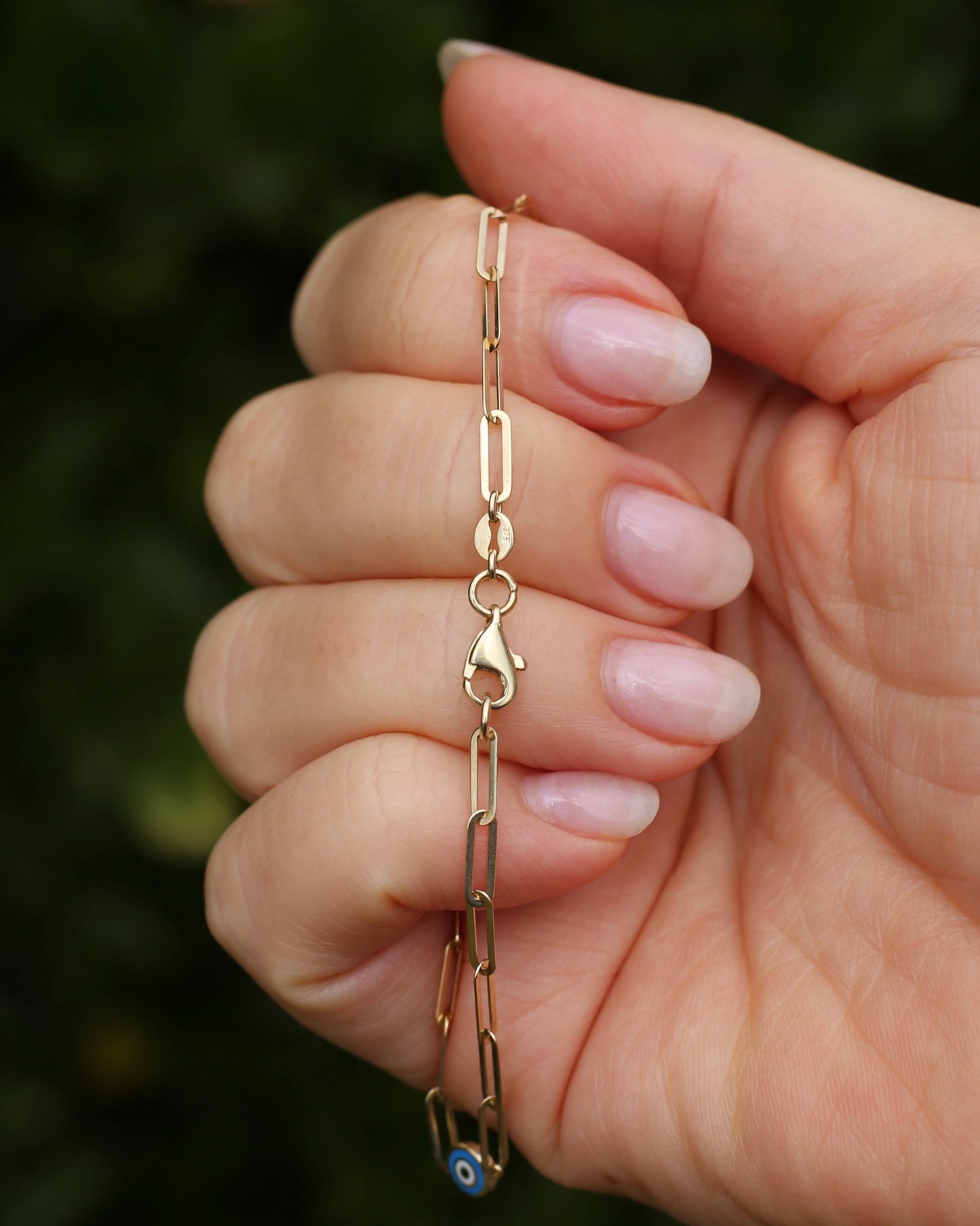 Delicate Paperclip and Enamel Evil Eye Bracelet, 9ct Yellow Gold, 19.5cm or 7.75inches