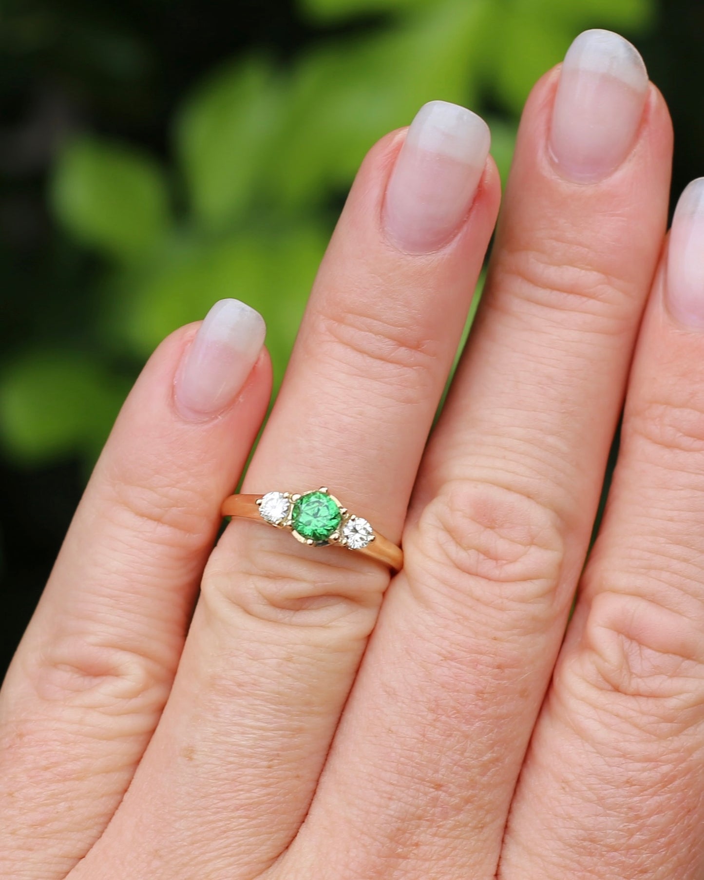 East African Tsavorite Garnet and Diamond Trilogy Ring, 18ct Yellow Gold, size K or 5.5 with valuation