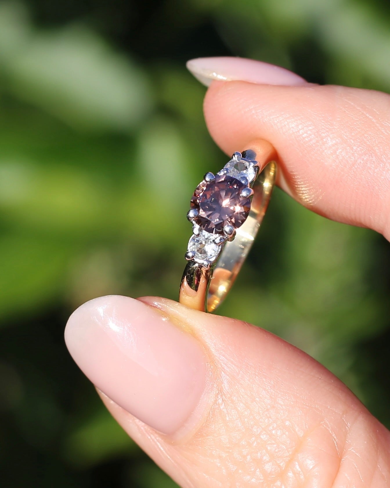 1.31ct Natural Caramel Zircon and Old Cut White Zircon Trilogy Ring, 9ct Gold, size N1/2 or just under 7, 3.72g