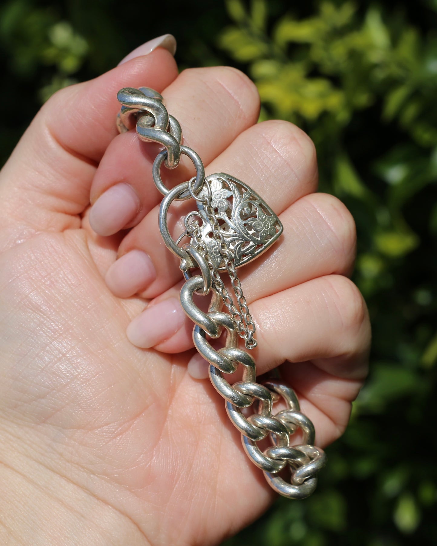Chunky Curb and Filigree Heart Padlock Bracelet, Sterling Silver, 60.2g