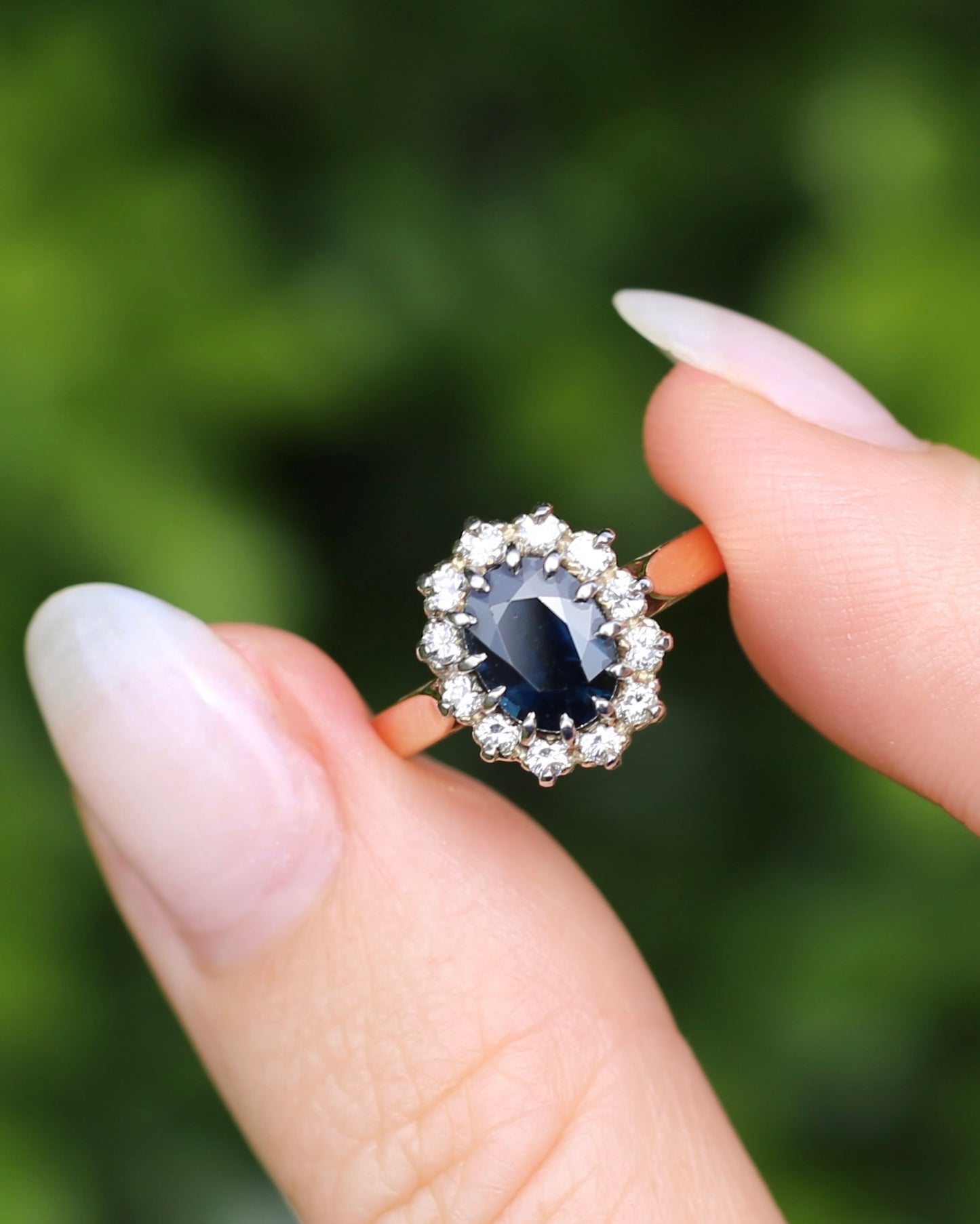 Vintage Natural Sapphire and Diamond Halo, 9ct Yellow and White Gold, size N1/2 or 7