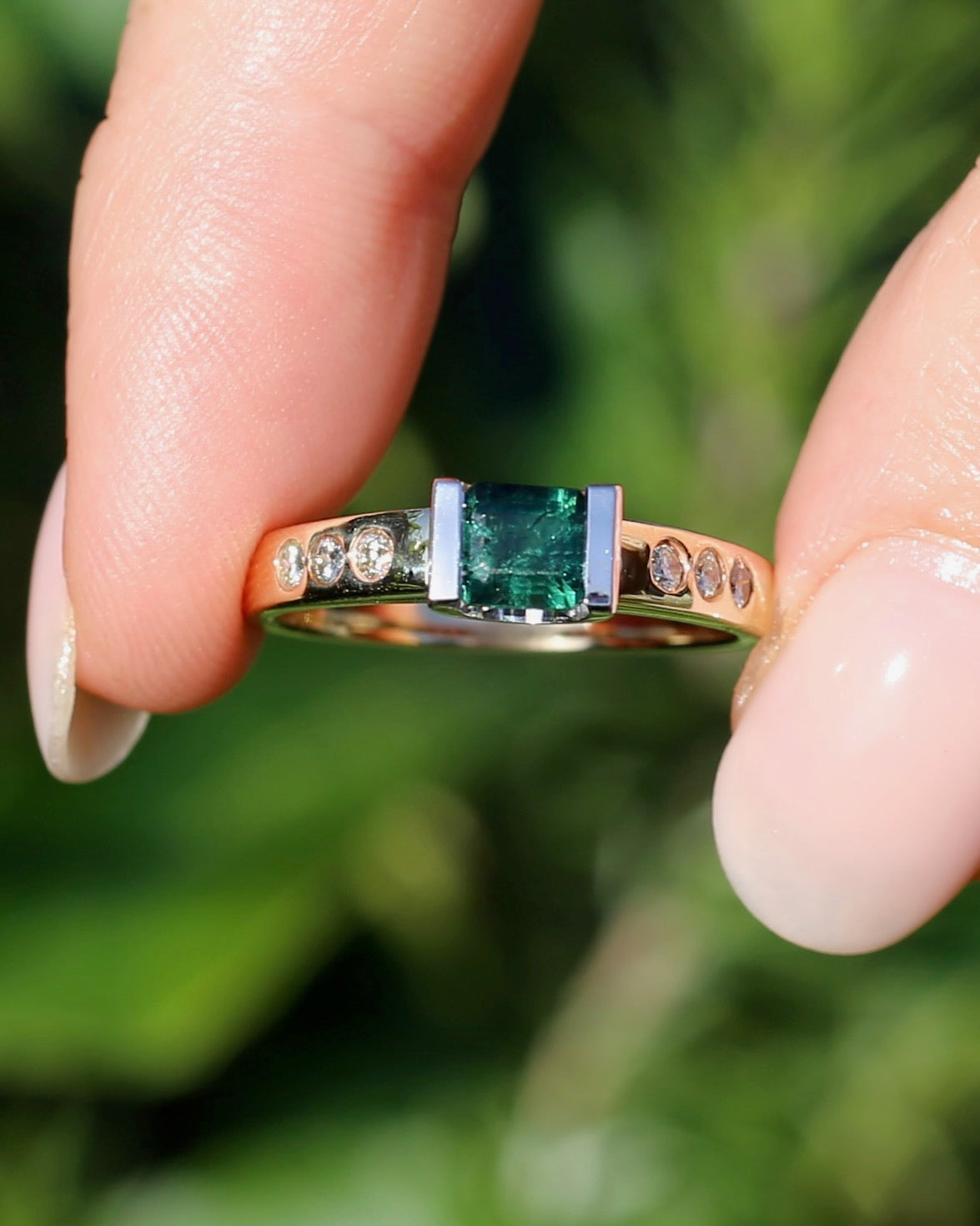 Vintage Chunky East West Set Semi Bezel Tourmaline and Flush Set Diamonds, 9ct Yellow and White Gold, size 9 or S, 4.37g
