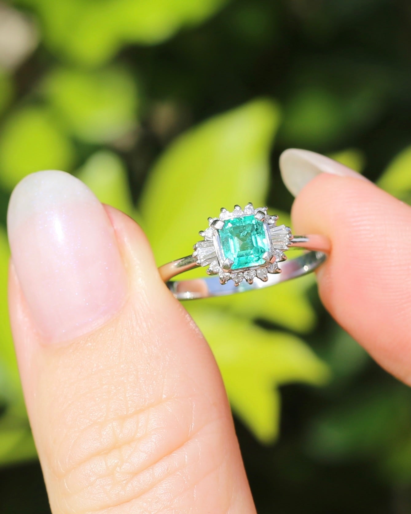 Natural Square Step Cut Emerald and Diamond Baguette Ballerina Skirt, Platinum Ring, size O or 7.25