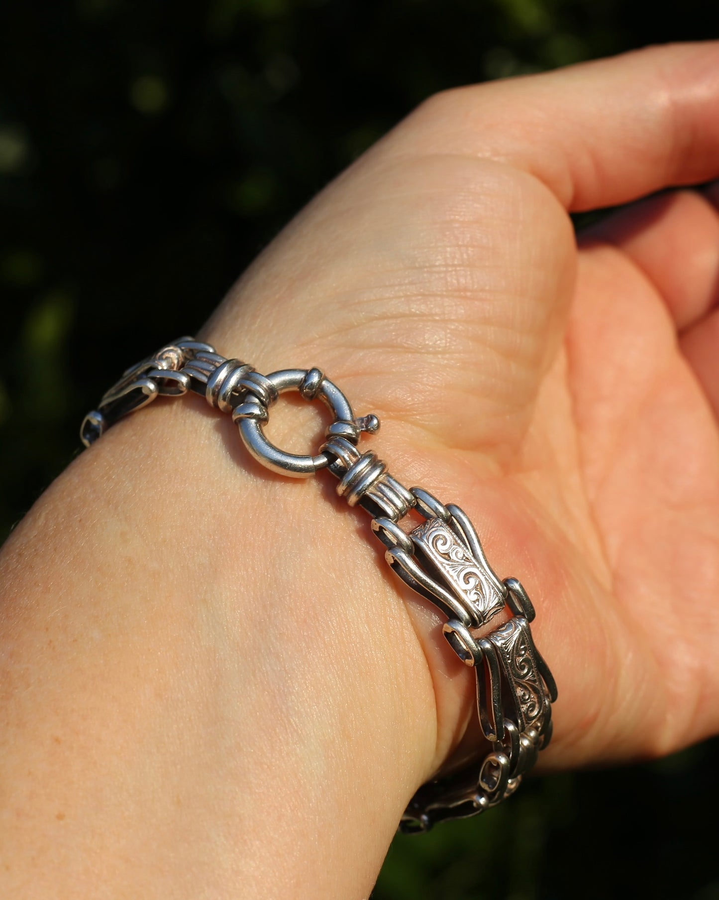 Fancy Link Engraved Bracelet, Sterling Silver, With Italian Bolt Clasp, 24.3g, 19cm