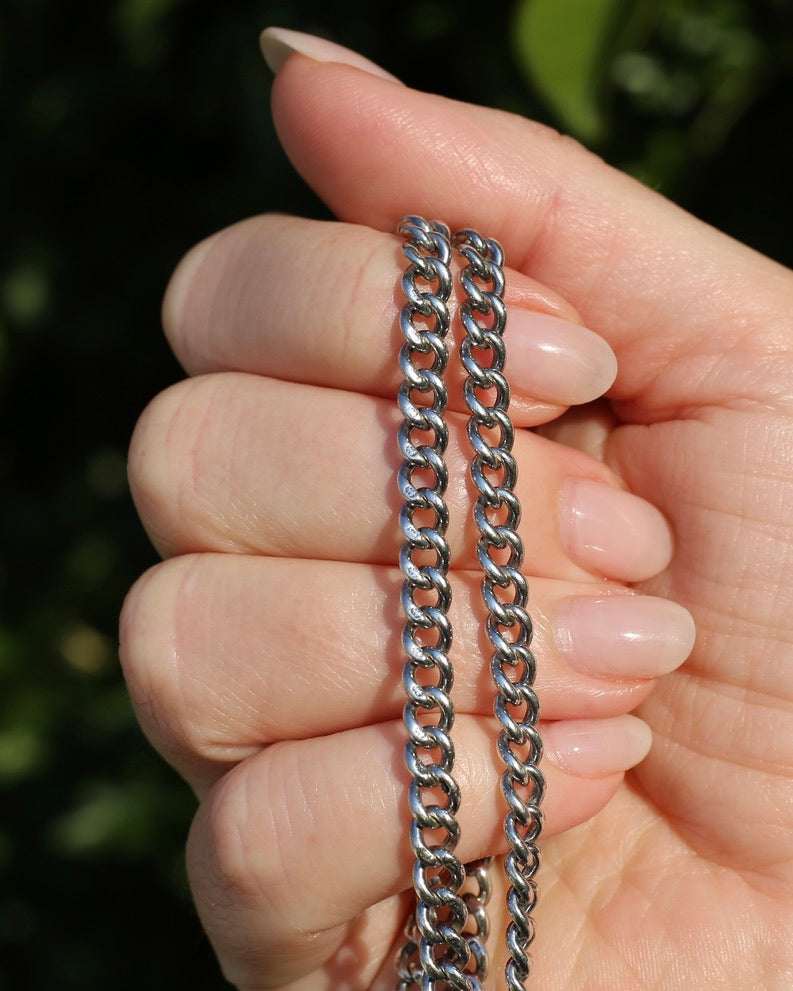 Antique 1913-1914 Birmingham Made Curb Link Watch Chain, Double Albert Clasp, Sterling Silver, 41.5cm