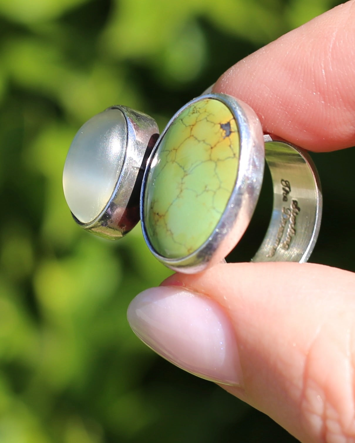 Vintage Green Turquoise and Moonstone Ring, Sterling Silver, size M or 6.25