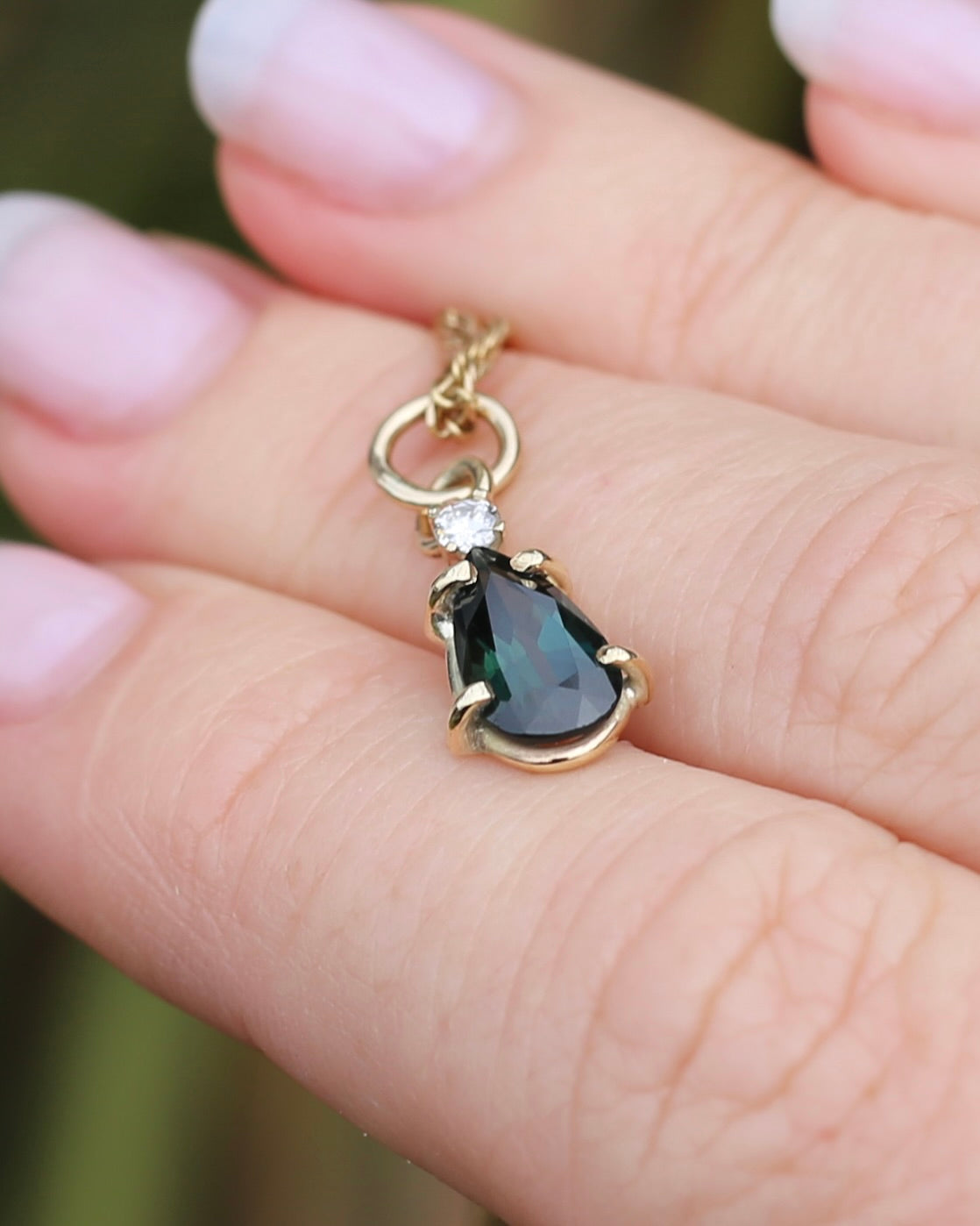 Pear Shaped Natural Teal Pear Sapphire and Diamond Pendant, 9ct Yellow Gold, 1.08g