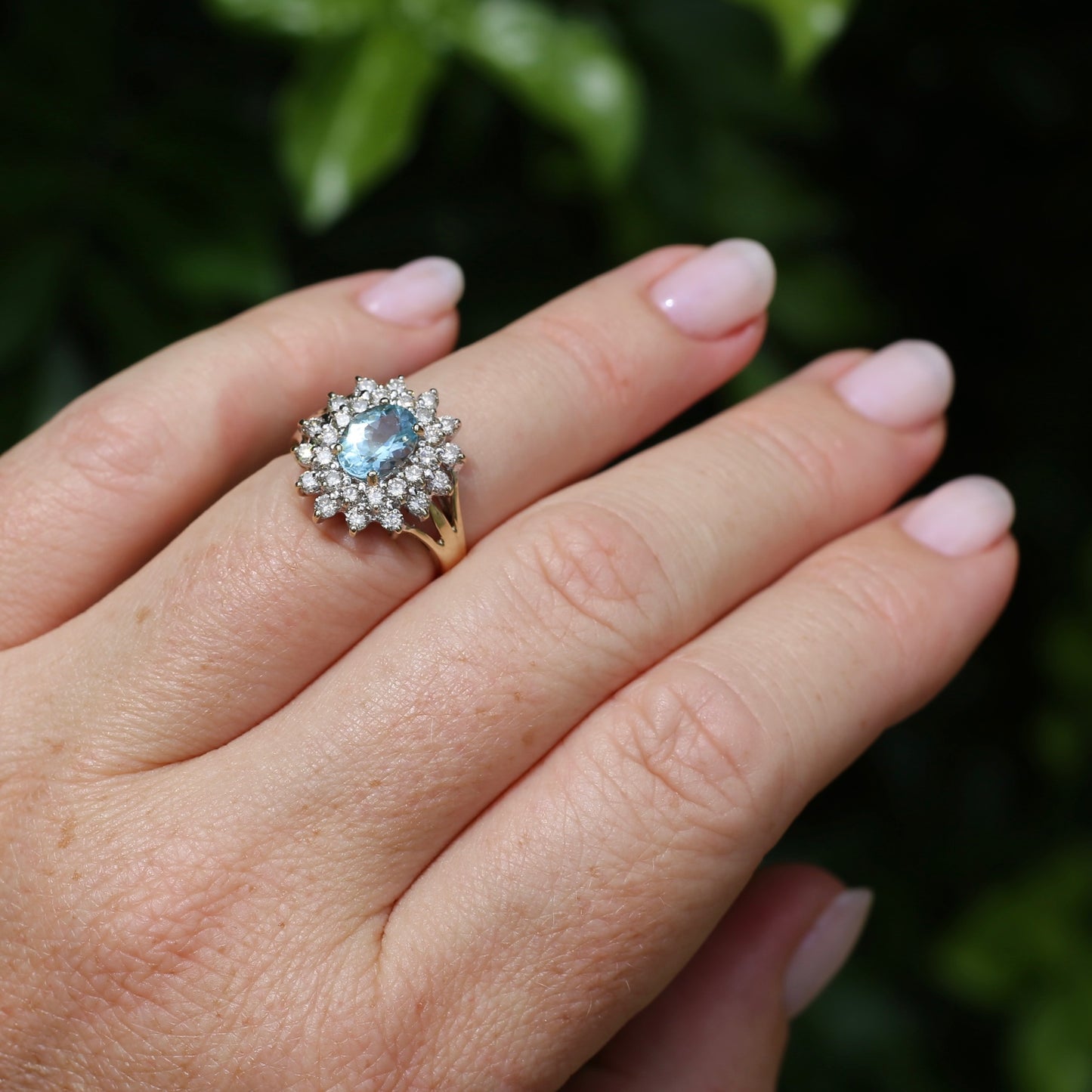 1.1ct Oval Aquamarine and Double Diamond Halo (0.88ct), 9ct White and Yellow Gold, size 6.25 or M