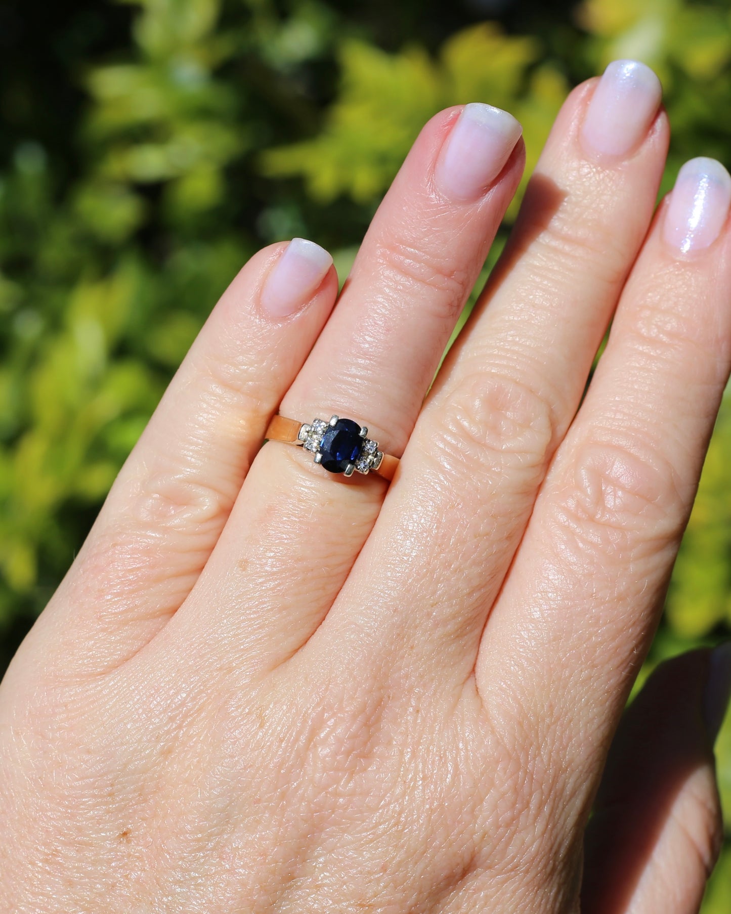 Circa 1970s Natural Sapphire and Diamond Ring, 9ct Yellow and White Gold, size M or 6.25, 4.19g
