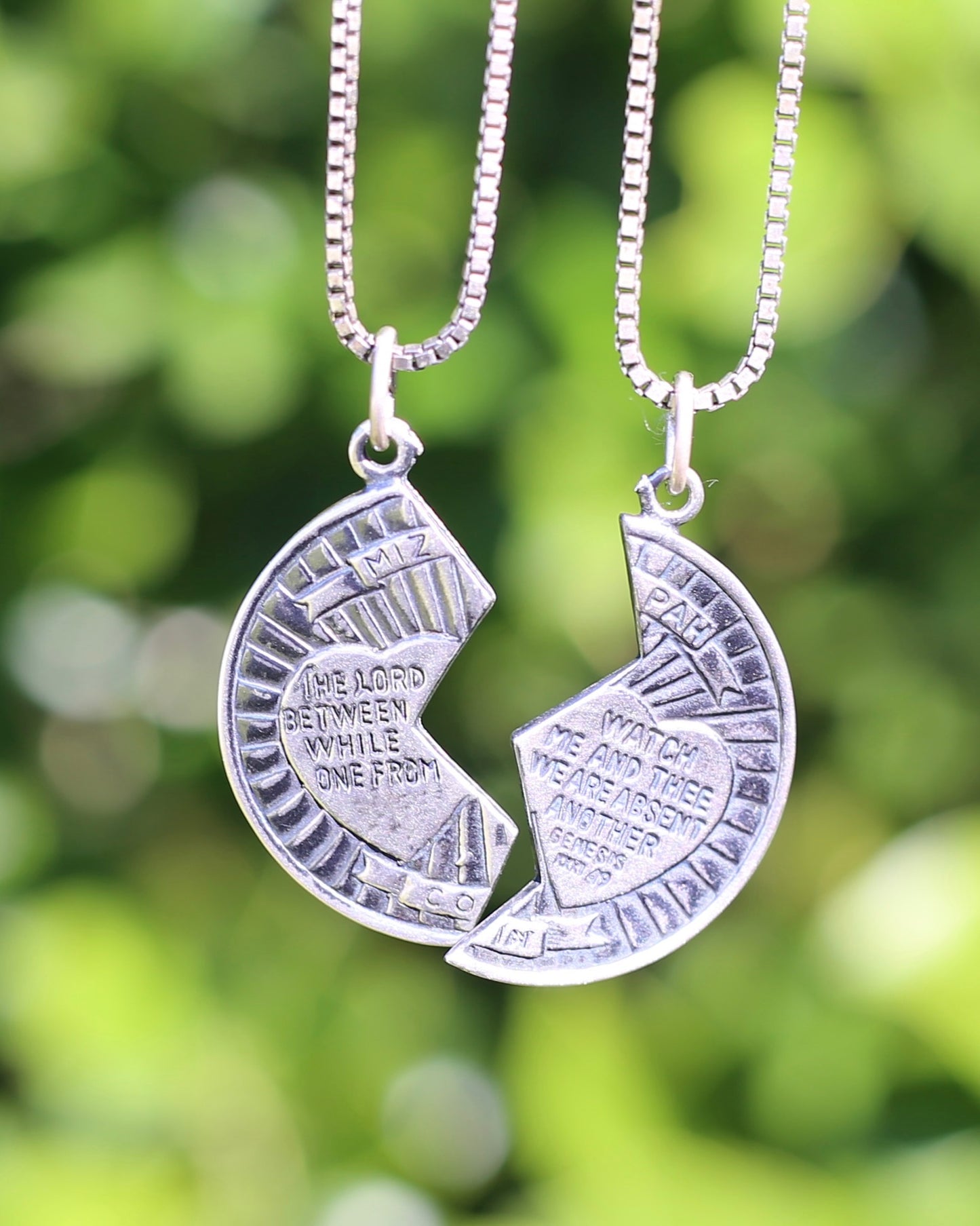 Pair of Vintage Mizpah Pendants on chains, Sterling Silver, 5g (combined) and 7.1g chains