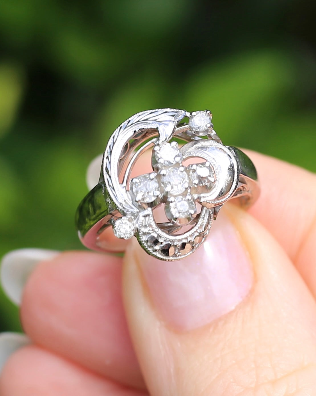 Old Cut and Early Brilliant Cluster Clover Ring, 9ct White Gold, size O or 7