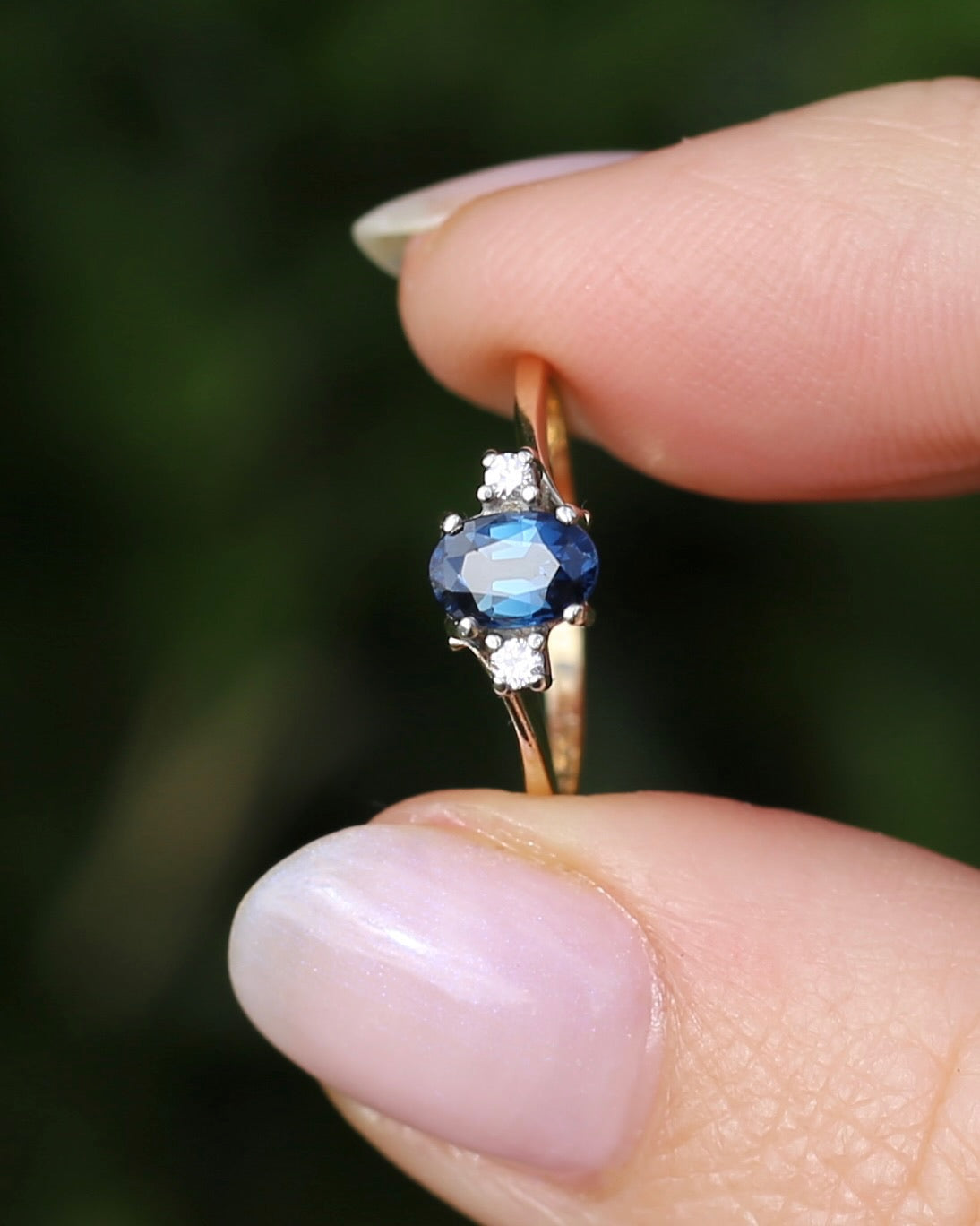 Vintage Natural Sapphire and Diamond Trilogy, 9ct Yellow and White Gold, size J or 4.75