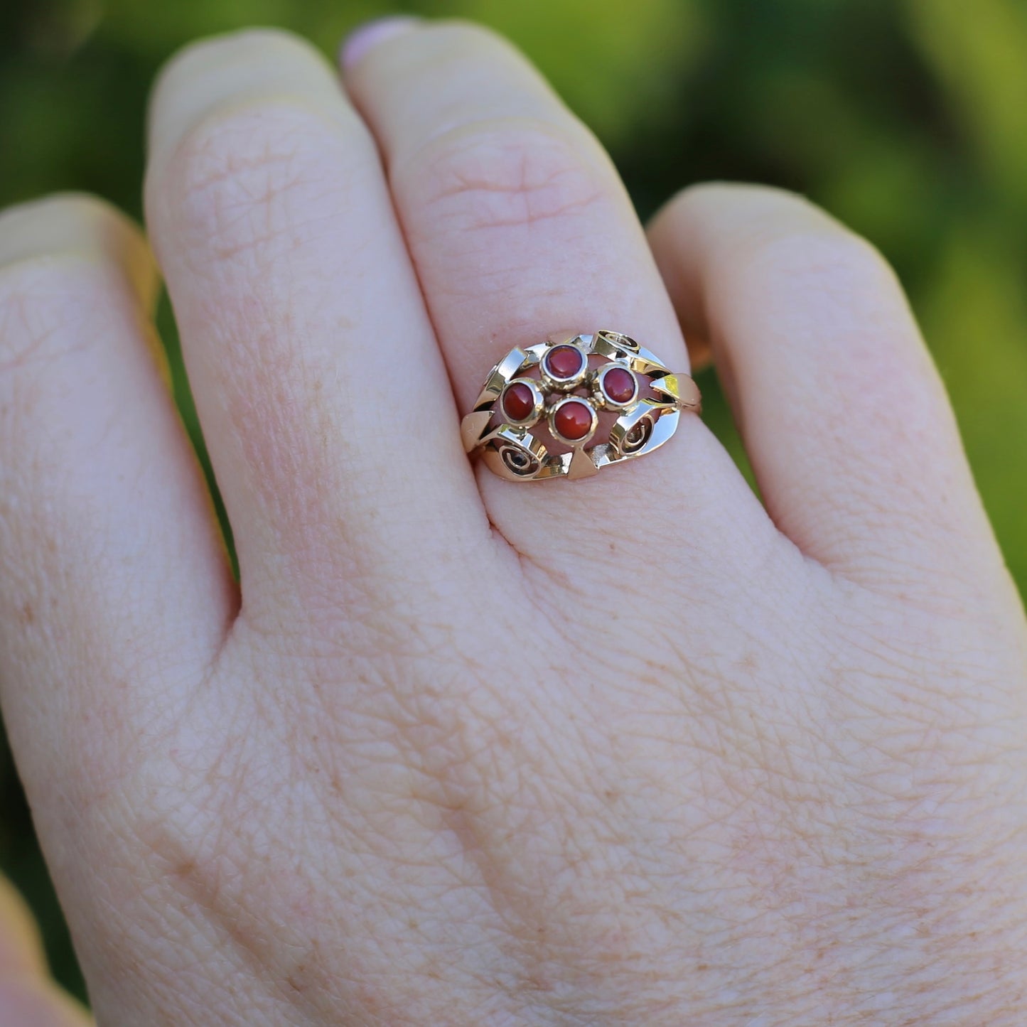 Vintage Dutch Four Stone Coral Cabochon Filigree Ring, 14ct Yellow Gold, size N1/2 or 7