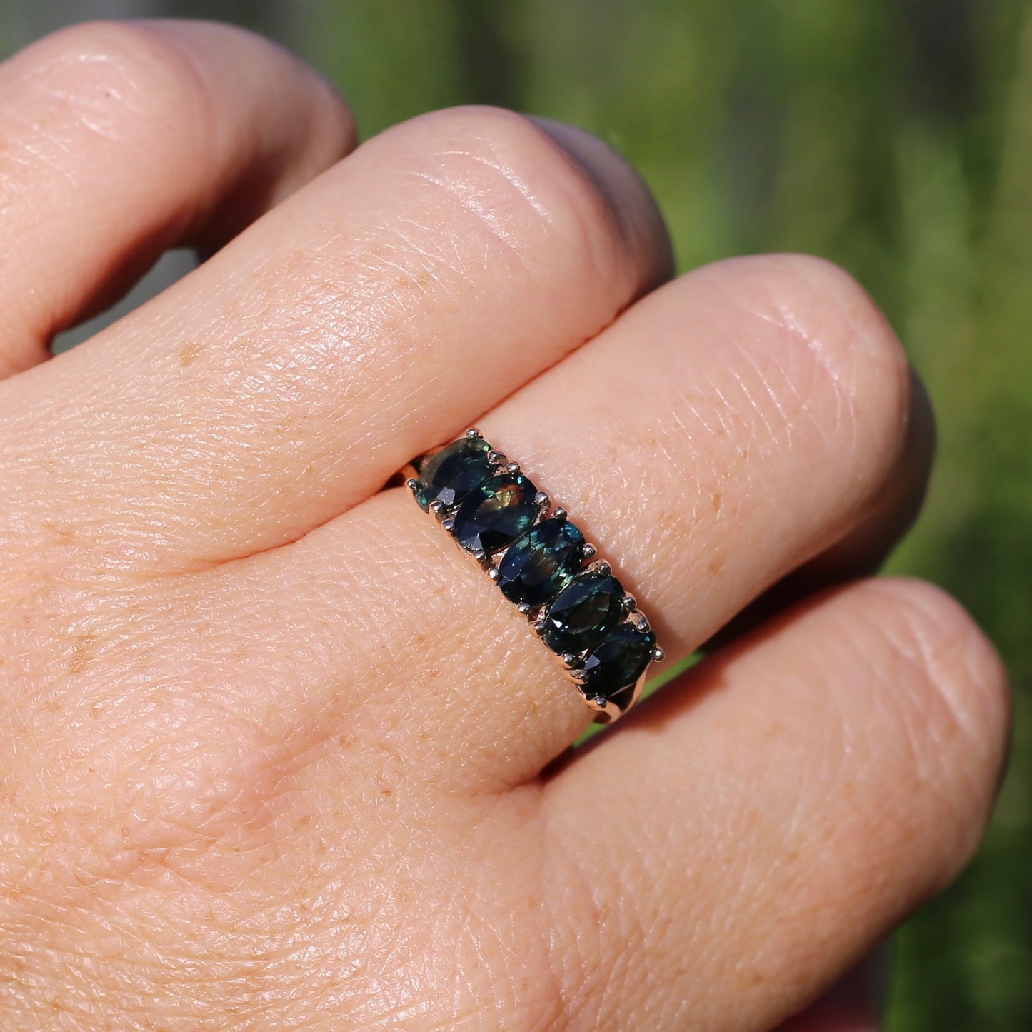 3 Carat Five Stone Parti Sapphire Ring, 9ct Yellow Gold, size R1/2 or nearly 9, with valuation