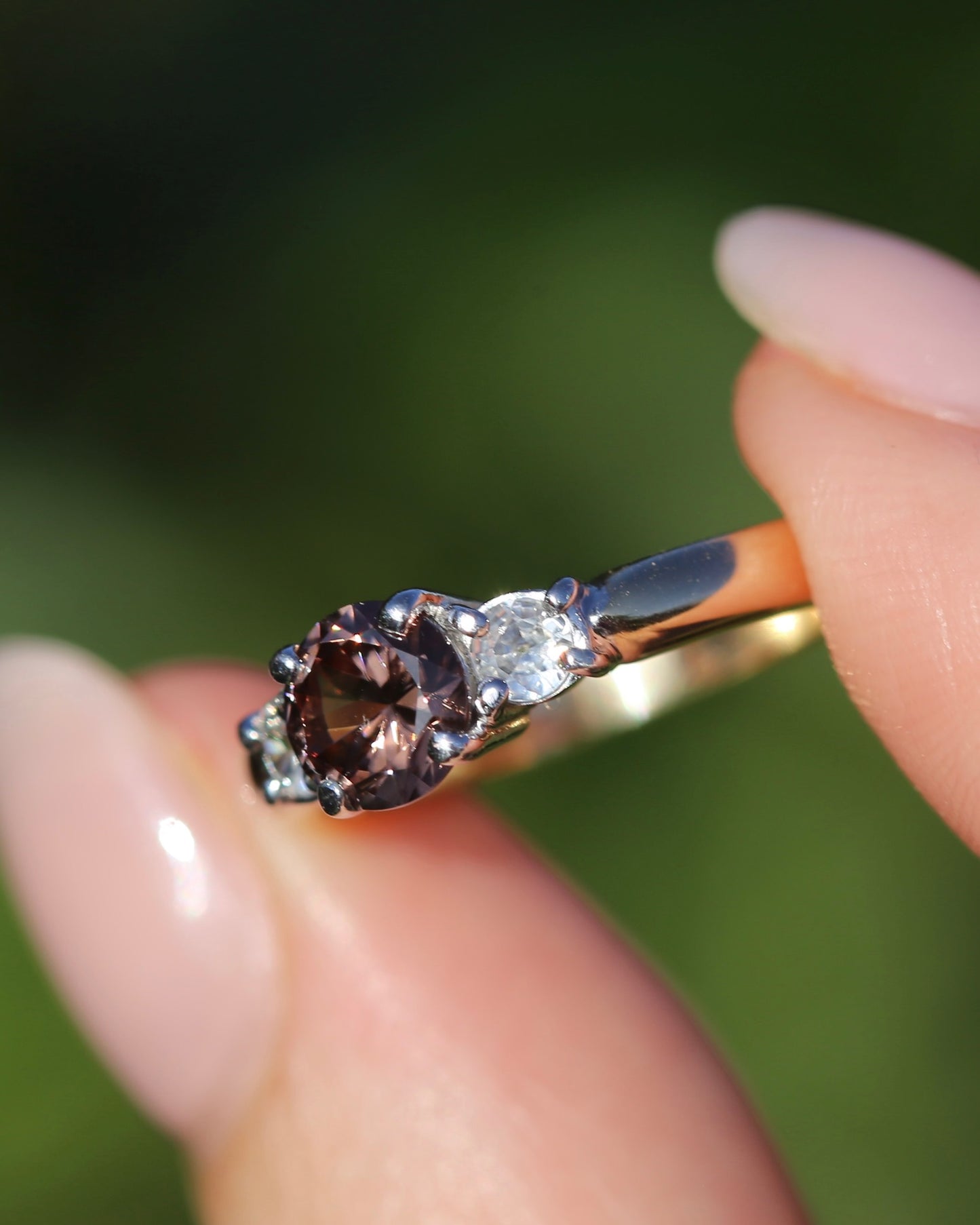 1.31ct Natural Caramel Zircon and Old Cut White Zircon Trilogy Ring, 9ct Gold, size N1/2 or just under 7, 3.72g