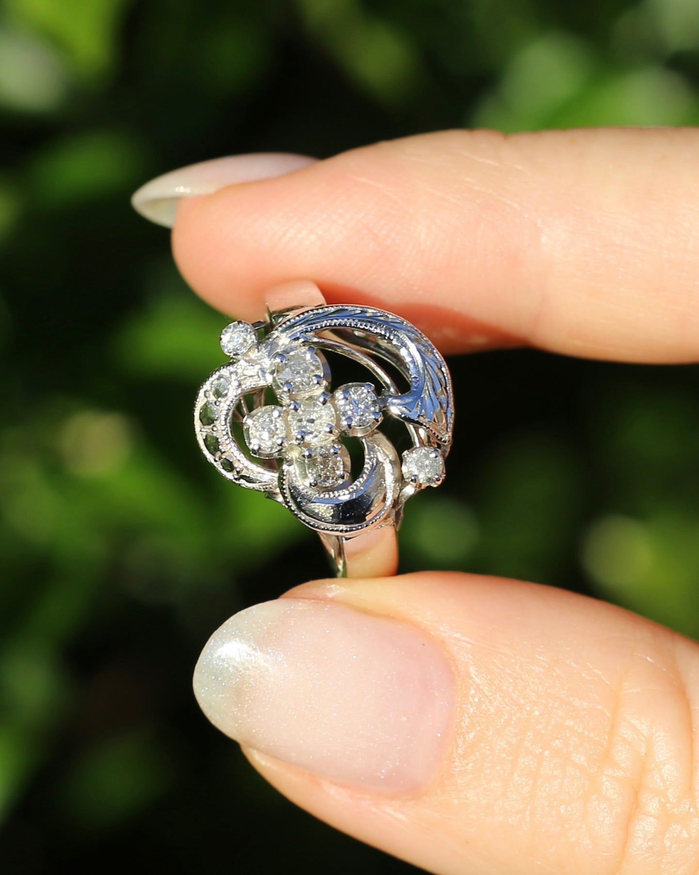 Old Cut and Early Brilliant Cluster Clover Ring, 9ct White Gold, size O or 7