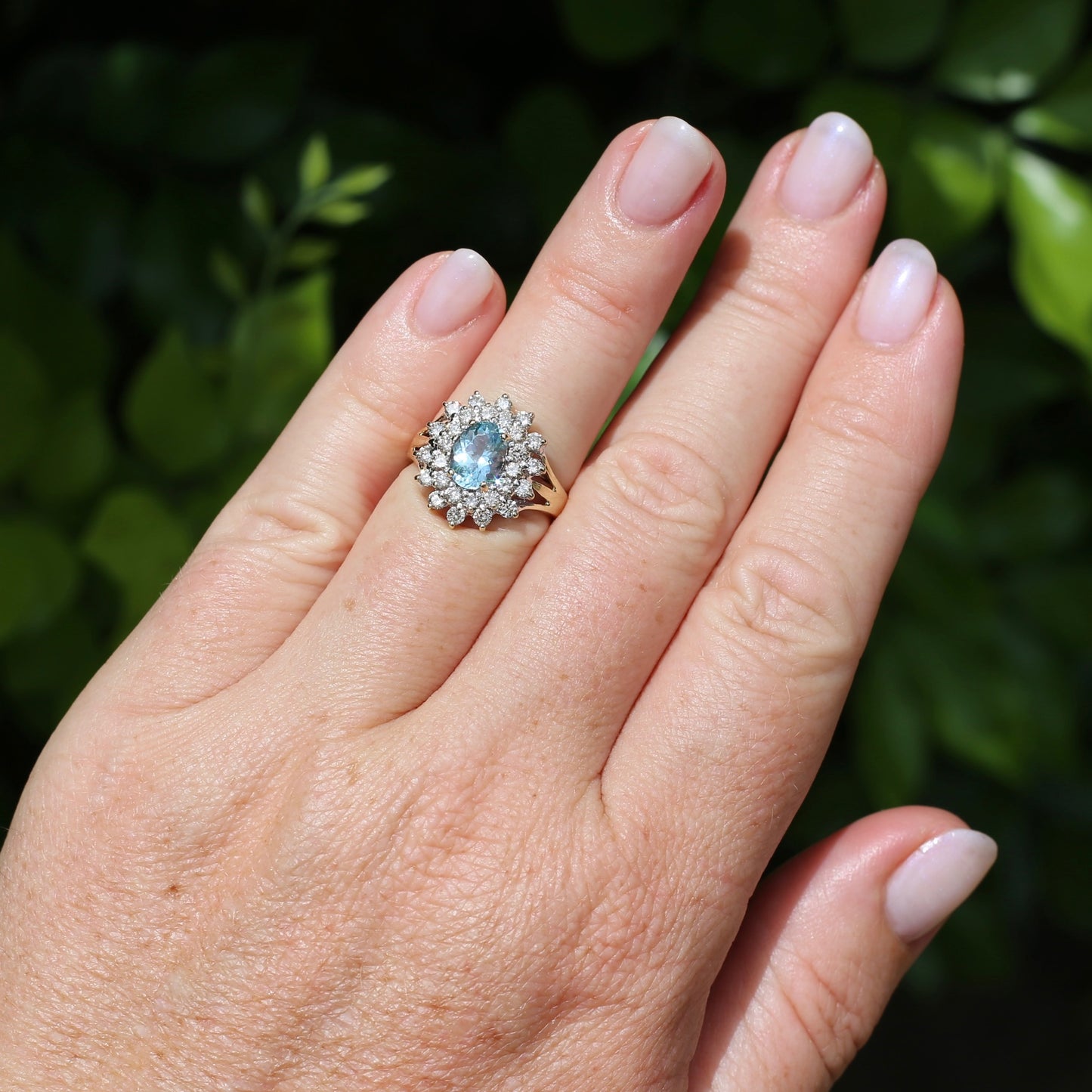 1.1ct Oval Aquamarine and Double Diamond Halo (0.88ct), 9ct White and Yellow Gold, size 6.25 or M