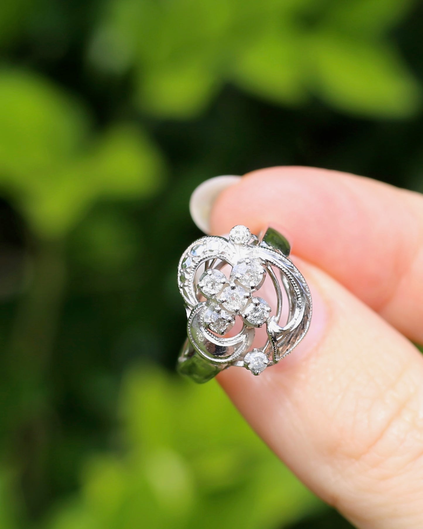 Old Cut and Early Brilliant Cluster Clover Ring, 9ct White Gold, size O or 7
