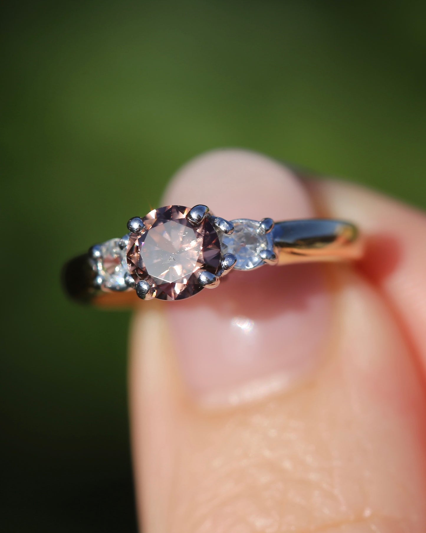 1.31ct Natural Caramel Zircon and Old Cut White Zircon Trilogy Ring, 9ct Gold, size N1/2 or just under 7, 3.72g