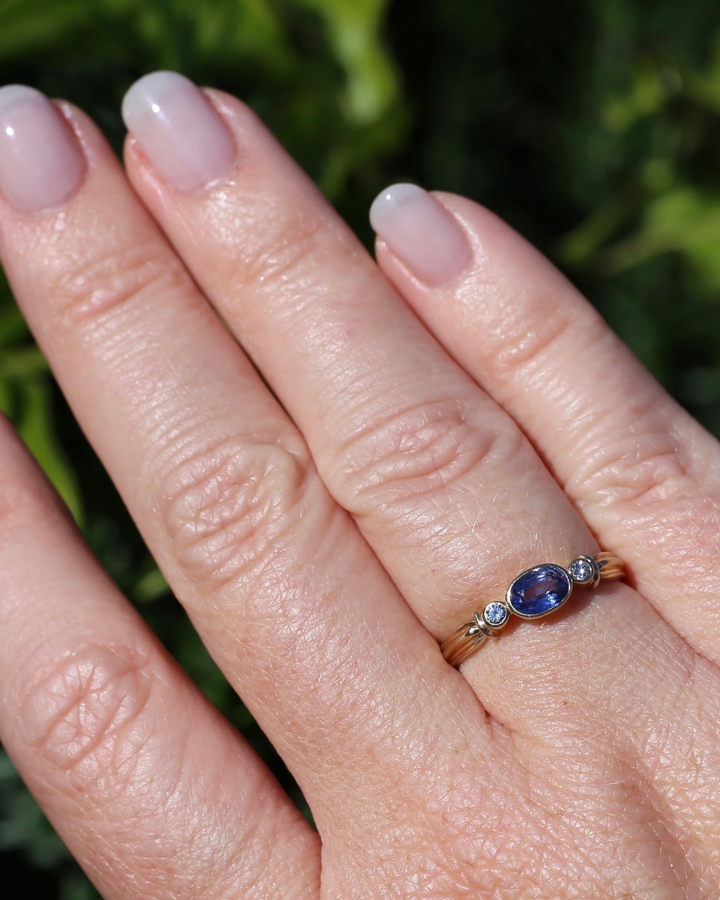 Vintage Bezel Set Cornflower Blue Sapphire and Diamond Ring, 9ct Yellow Gold, size O or 7.25