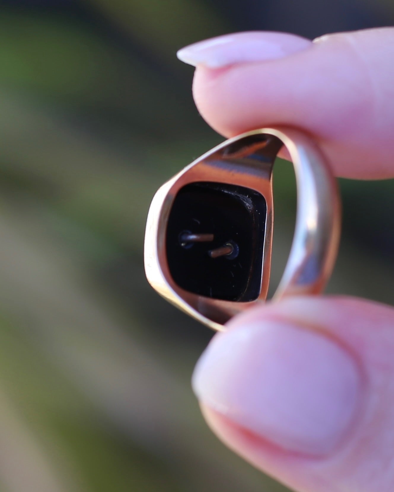 Vintage "C" Onyx Signet Ring, Bezel Set, Older Rosey Gold, size 9.5 or T