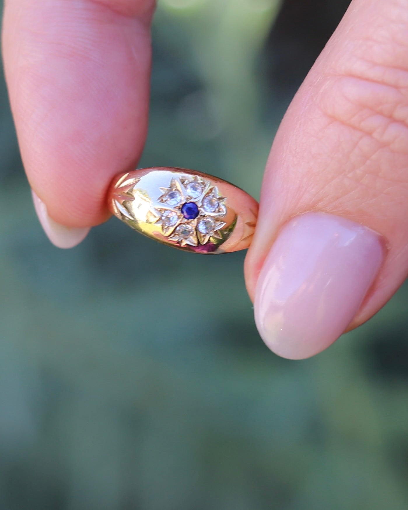 Vintage 1994 Birmingham Made Sapphire and White Stone Floral Cluster in Domed Ring, 9ct Yellow Gold, size J1/2 or 5