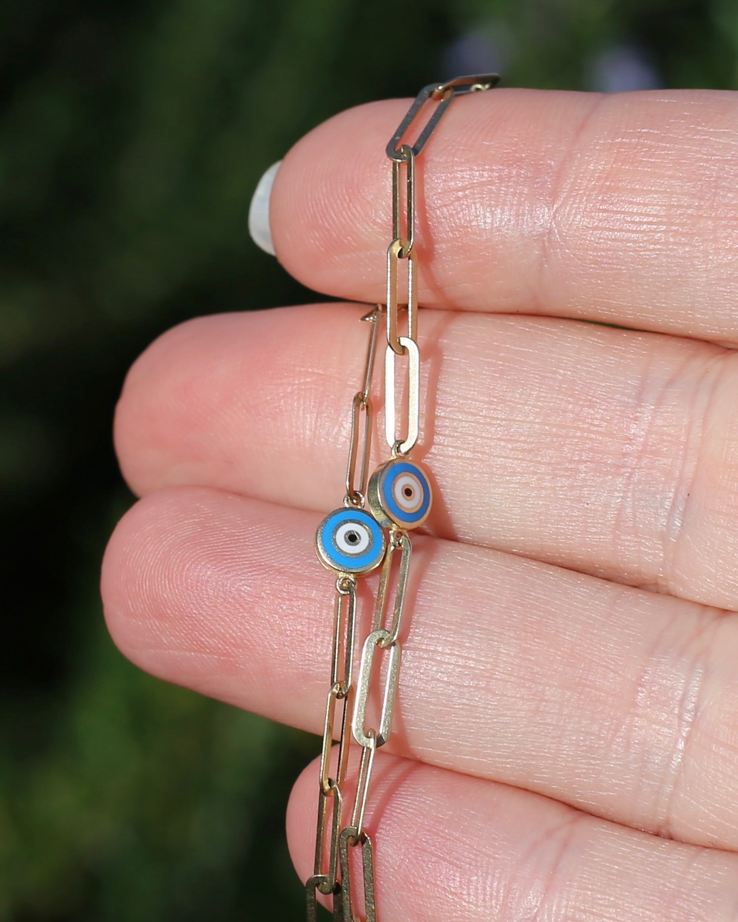 Delicate Paperclip and Enamel Evil Eye Bracelet, 9ct Yellow Gold, 19.5cm or 7.75inches