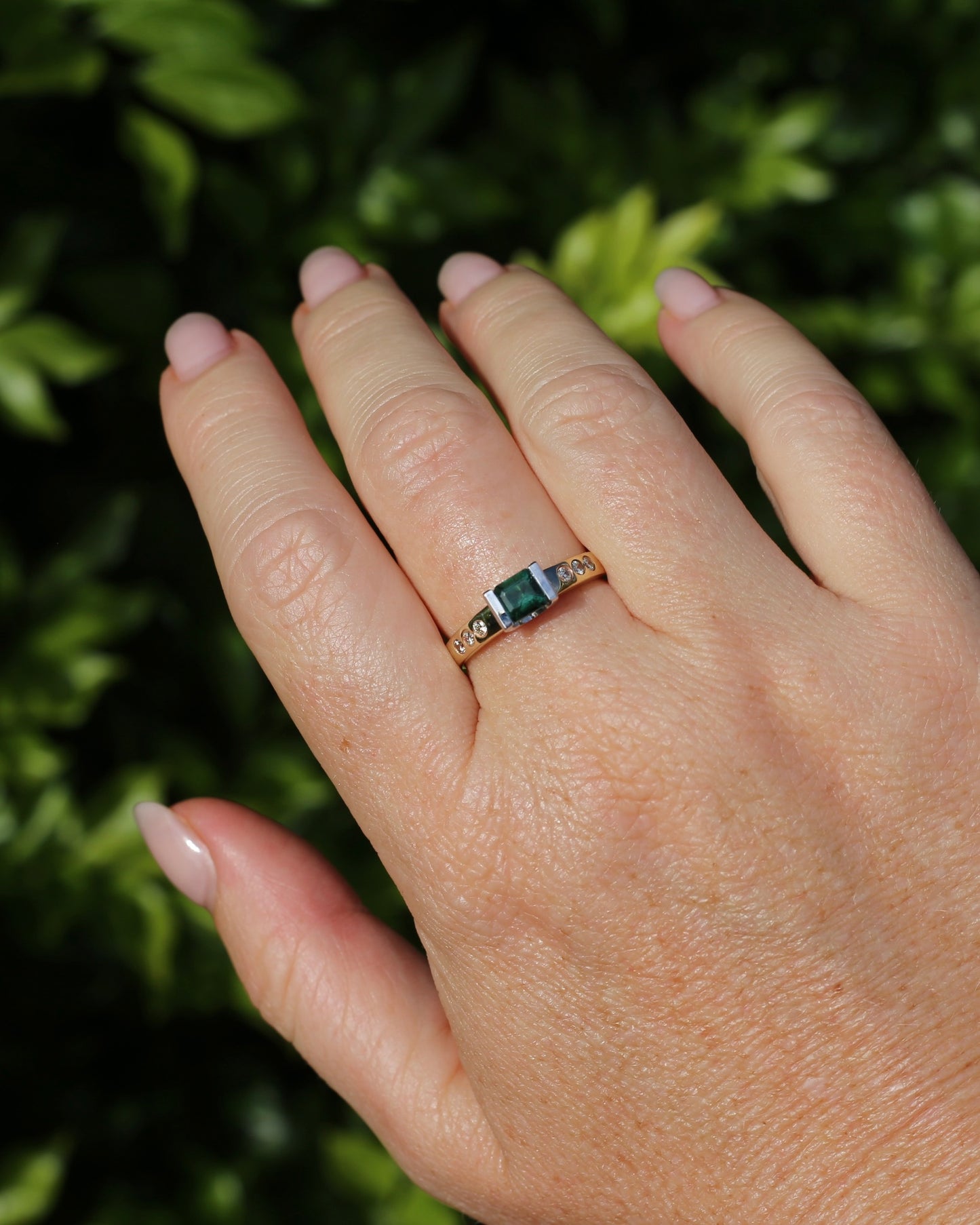 Vintage Chunky East West Set Semi Bezel Tourmaline and Flush Set Diamonds, 9ct Yellow and White Gold, size 9 or S, 4.37g