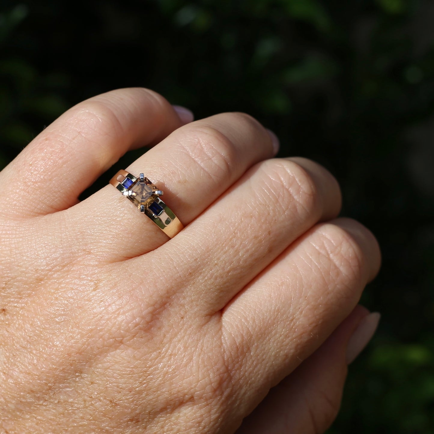1.74ct Asscher Cut Cognac Zircon with Baguette Synthetic Sapphires in Mixed White and Yellow Gold 9ct Ring, size 8.75 or just over R
