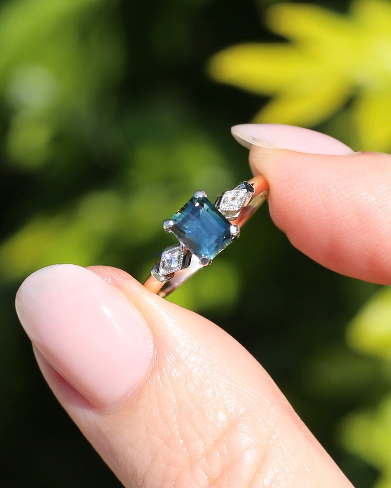 1.09ct Emerald Cut Teal Australian Sapphire With Diamonds in Vintage Trilogy Setting, 9ct Yellow and White Gold, size N1/2 or 6.75, 2.05g
