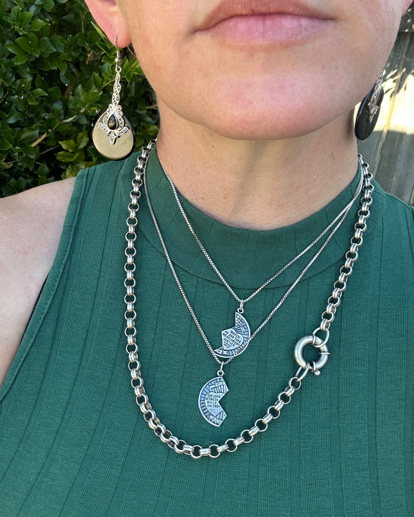 Pair of Vintage Mizpah Pendants on chains, Sterling Silver, 5g (combined) and 7.1g chains