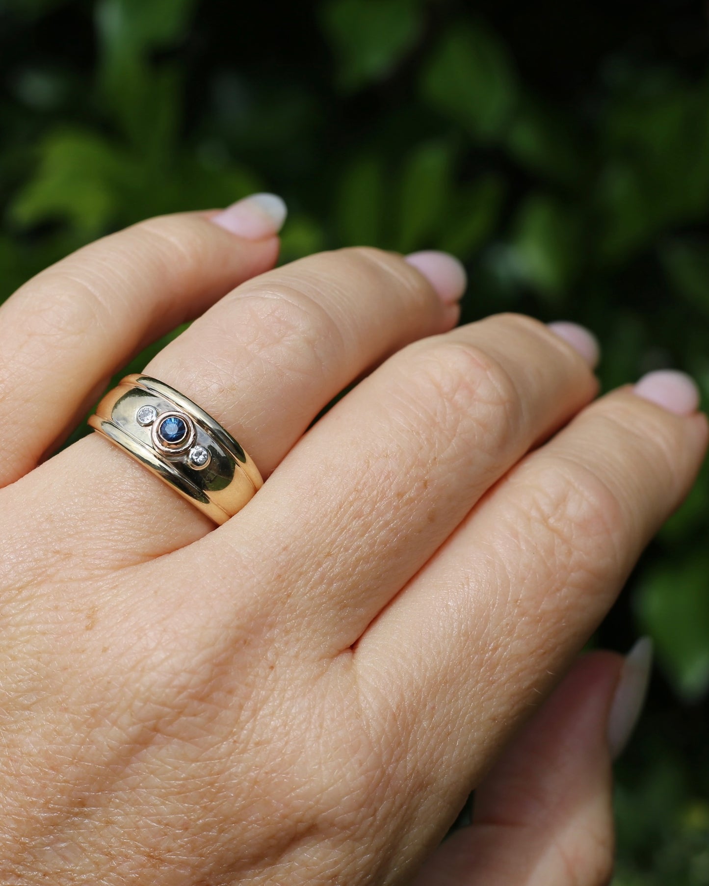 Bezel Set Parti Sapphire and Diamond Trilogy, Chunky Yellow Gold, size O1/2 or 7.5 (will fit smaller due to width)