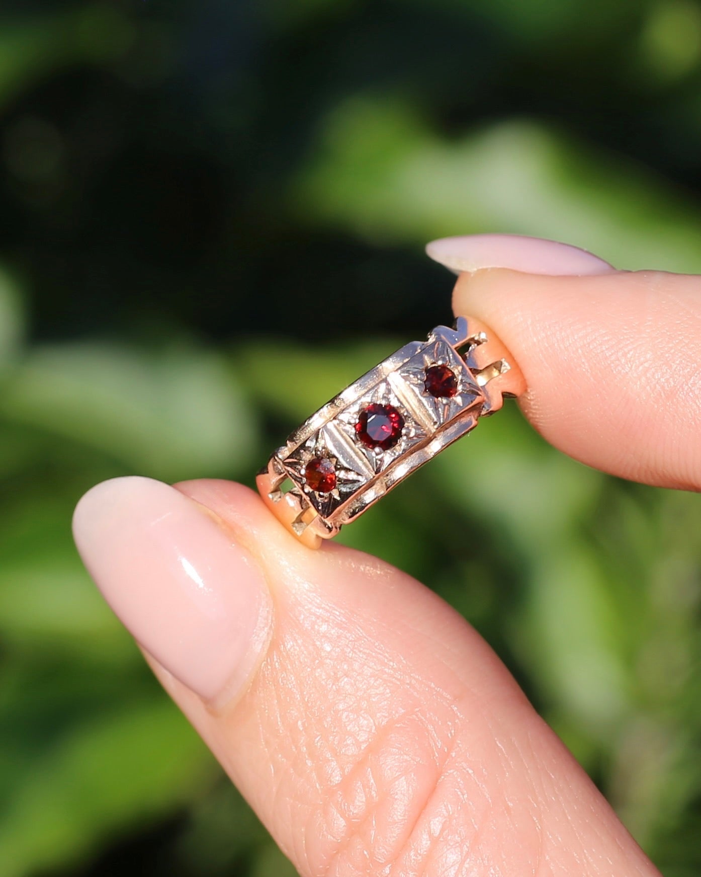 Vintage Victorian Revival Garnet Trilogy Star Set Ring, 9ct Rosey Gold, size P or 7.75, 3.16g