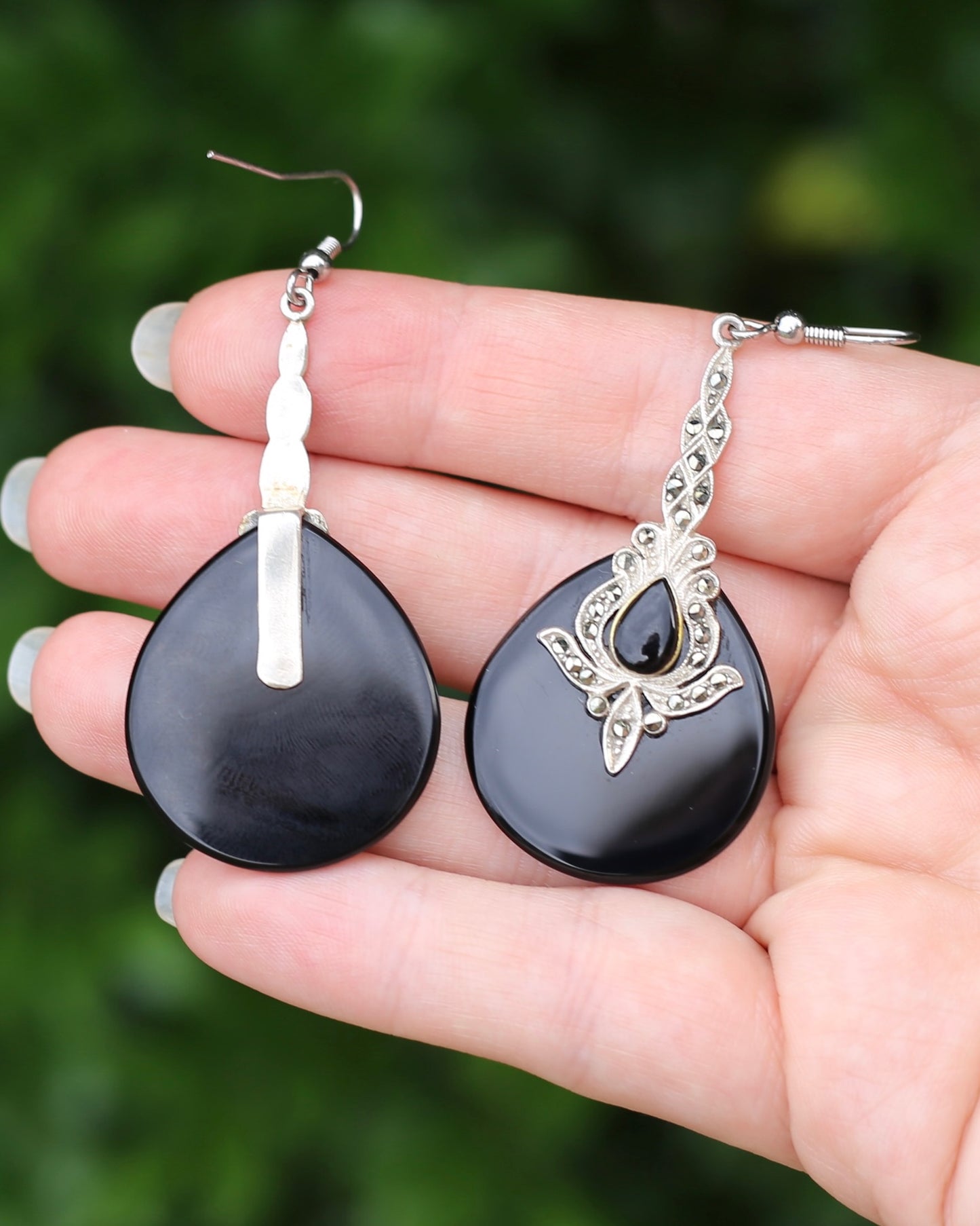 Vintage Onyx and Marcasite Silver Earrings, 13.8g