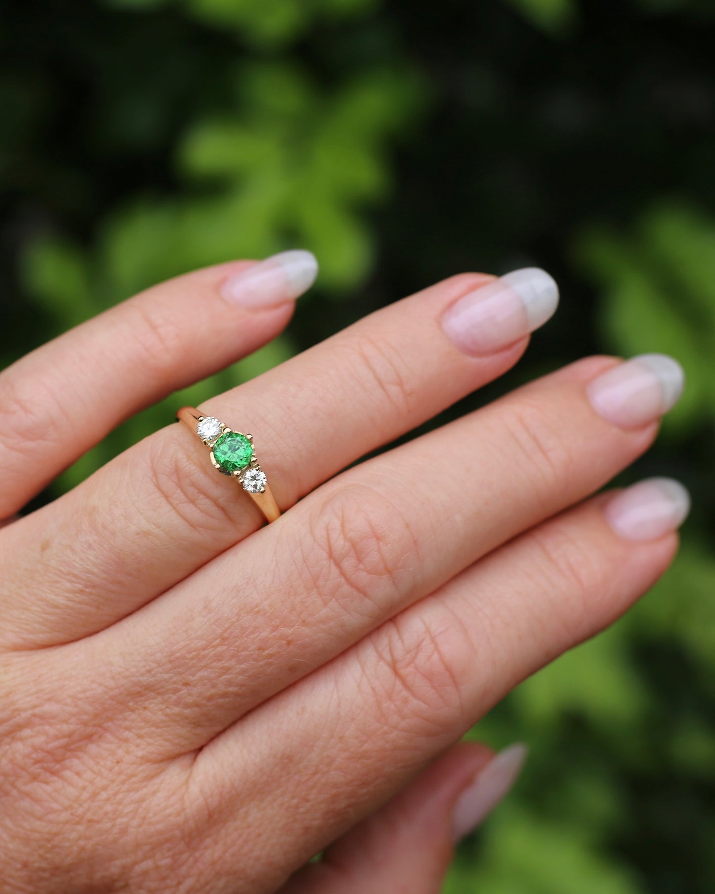 East African Tsavorite Garnet and Diamond Trilogy Ring, 18ct Yellow Gold, size K or 5.5 with valuation
