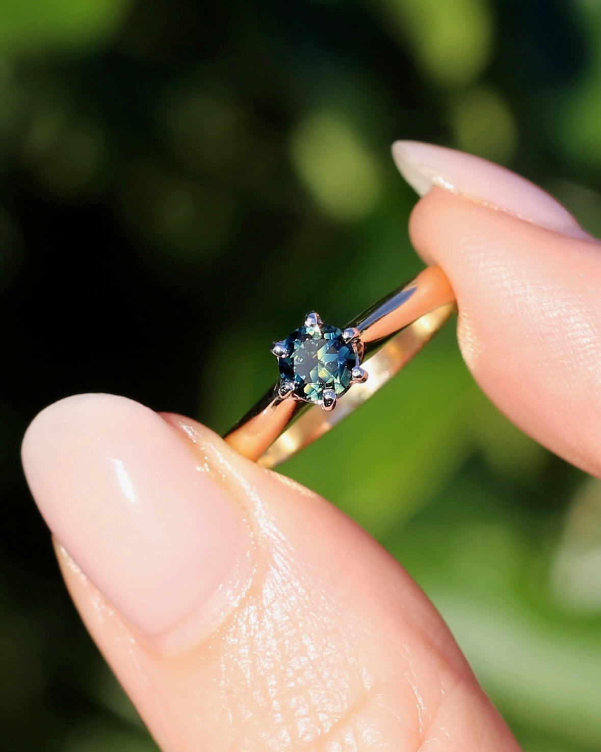 0.55ct Australian Parti Sapphire, 6 Claw Setting, 9ct White and Yellow Gold, size 7 or O, 3.52g