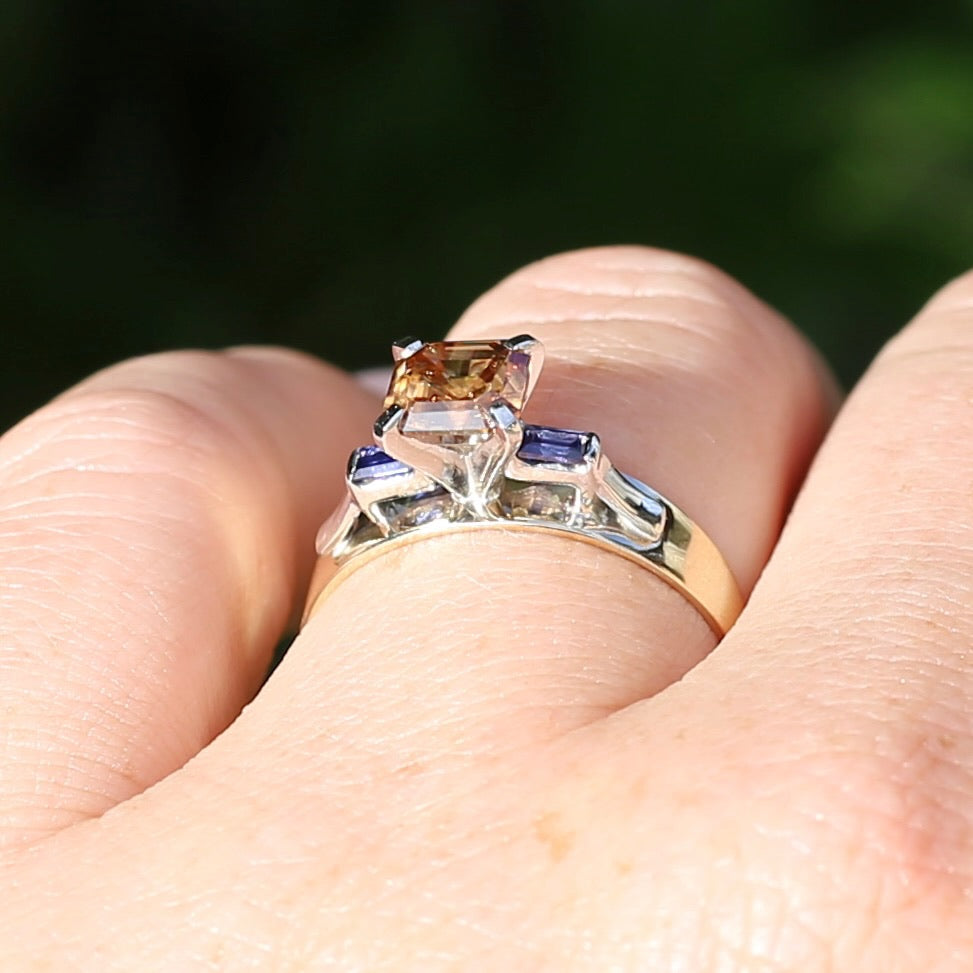 1.74ct Asscher Cut Cognac Zircon with Baguette Synthetic Sapphires in Mixed White and Yellow Gold 9ct Ring, size 8.75 or just over R