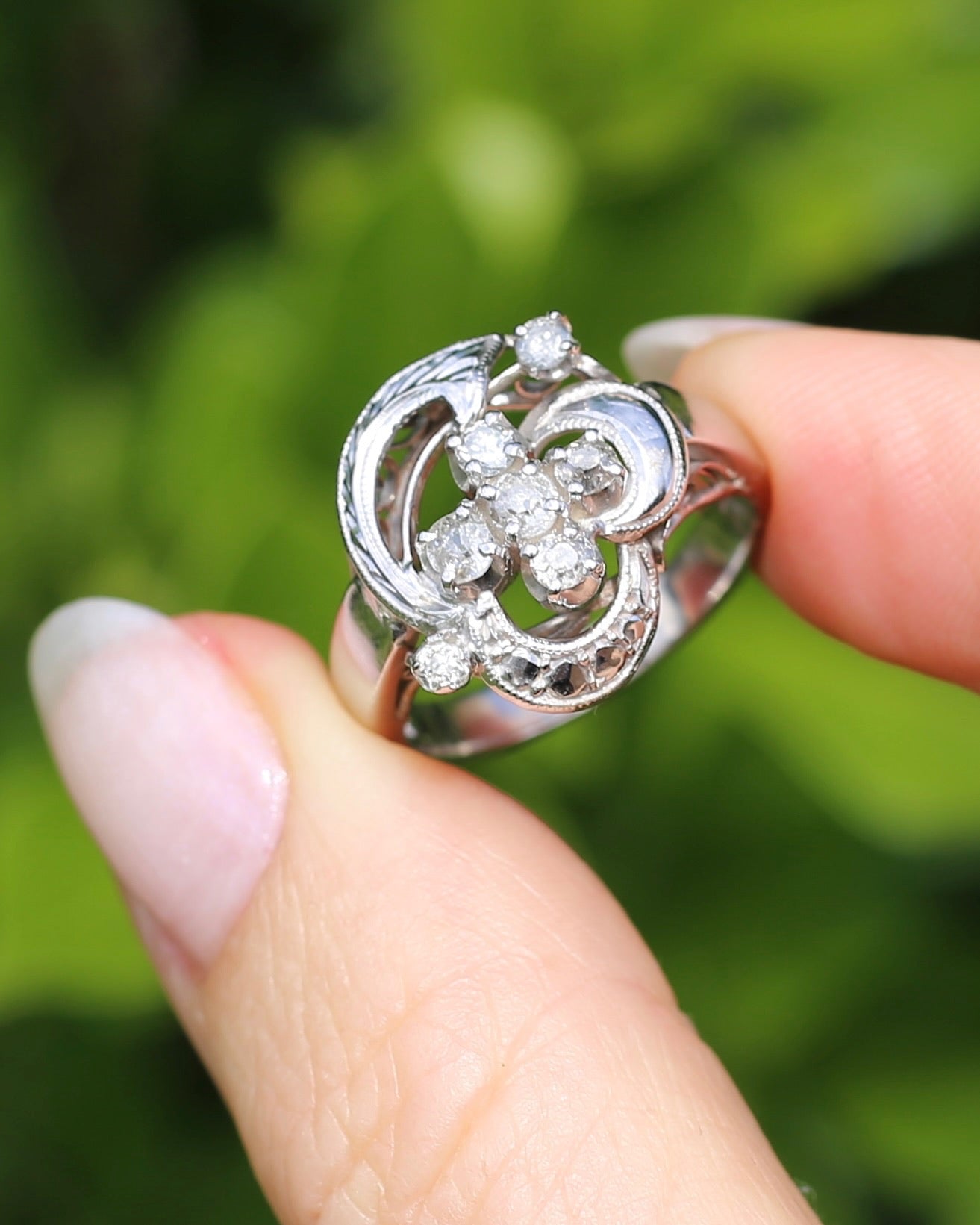Old Cut and Early Brilliant Cluster Clover Ring, 9ct White Gold, size O or 7