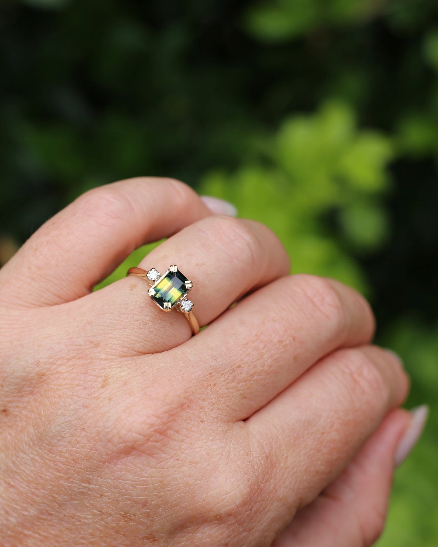 Vintage 1.5ct Emerald Cut Parti Sapphire and Diamond trilogy, 9ct Yellow Gold, size N or 6.75
