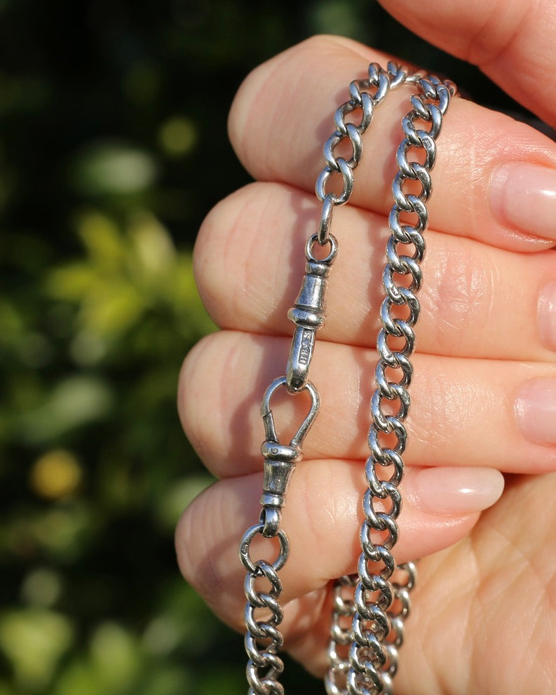 Antique 1913-1914 Birmingham Made Curb Link Watch Chain, Double Albert Clasp, Sterling Silver, 41.5cm