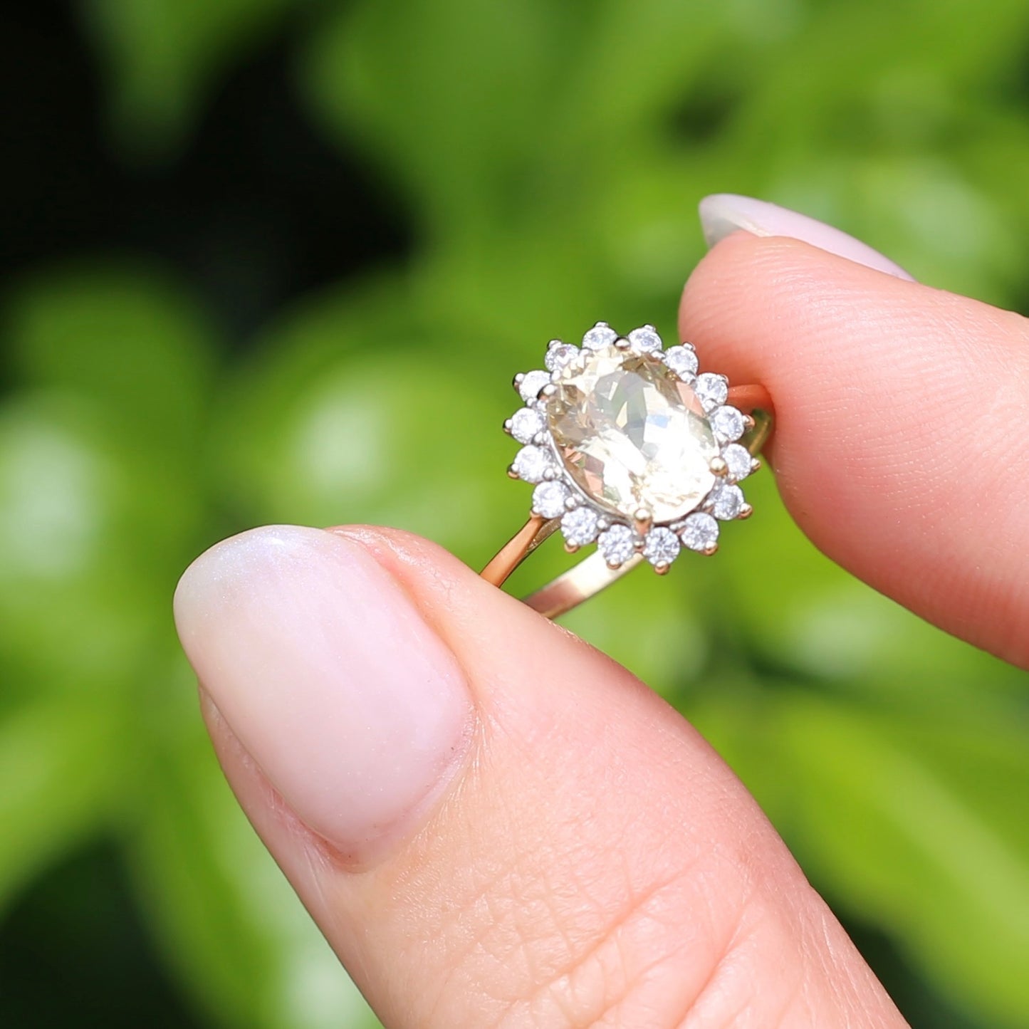 1.47ct Rare Light Pinkish Yellow Feldspar (Orthoclase) with Diamond Halo, 9ct Yellow Gold, size M or 6.25, with valuation