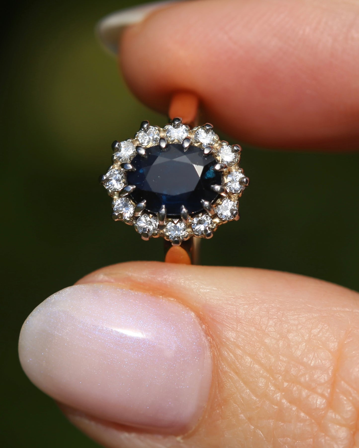 Vintage Natural Sapphire and Diamond Halo, 9ct Yellow and White Gold, size N1/2 or 7
