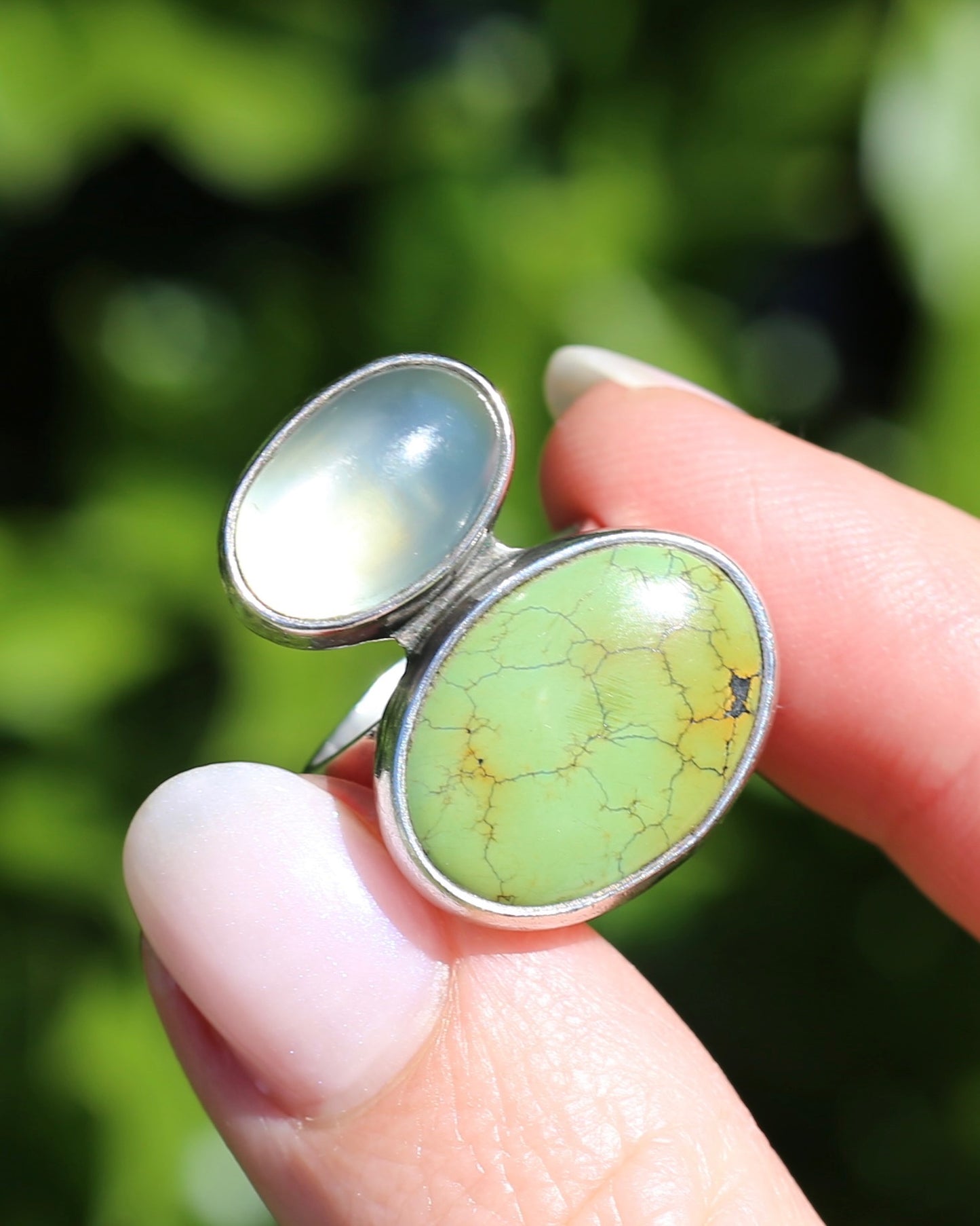 Vintage Green Turquoise and Moonstone Ring, Sterling Silver, size M or 6.25