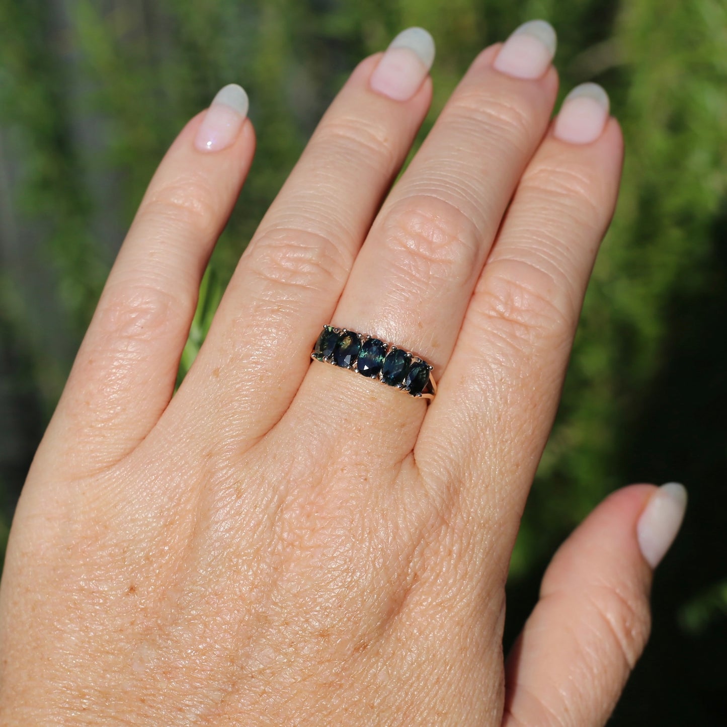 3 Carat Five Stone Parti Sapphire Ring, 9ct Yellow Gold, size R1/2 or nearly 9, with valuation