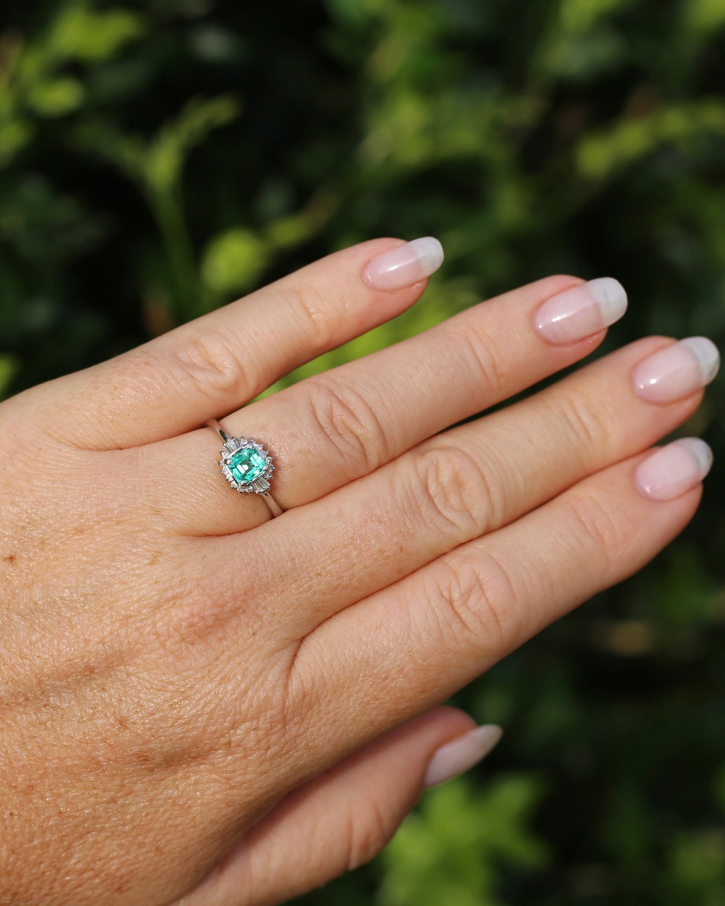Natural Square Step Cut Emerald and Diamond Baguette Ballerina Skirt, Platinum Ring, size O or 7.25