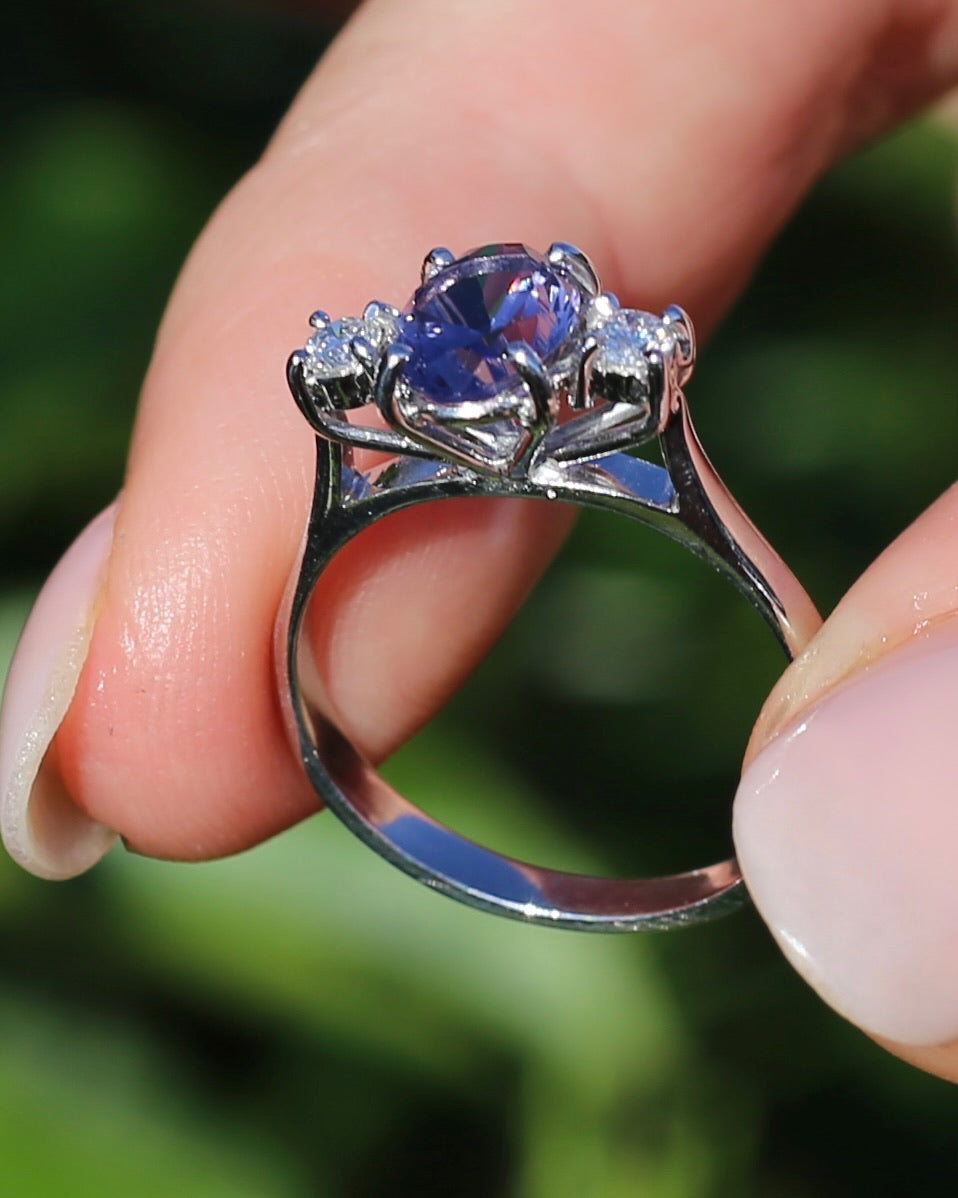 1.05ct Hand Cut Australian Iolite and Diamond Trilogy, 9ct White Gold, Size N or 6.75, 3.05g